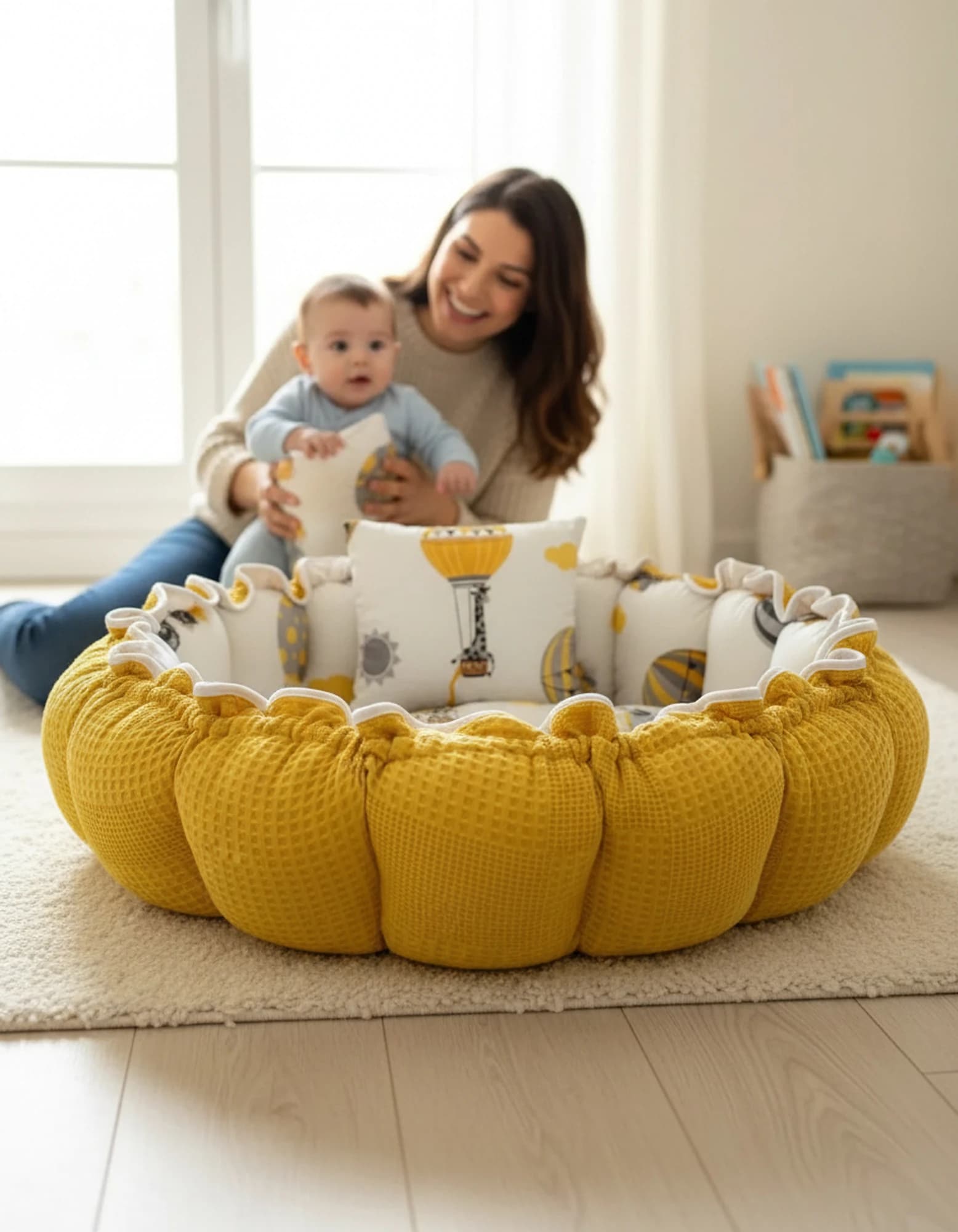 Yuvarlak Yatak/oyun Minderi Ve Yastigi Hardal Pikeli Ve Poplin Desenli BabyNest görsel 11