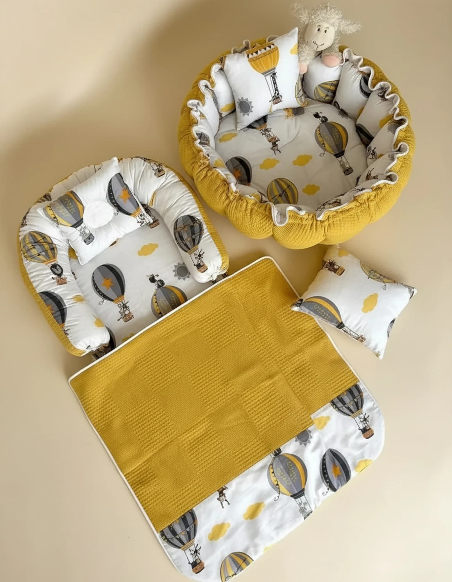 5li Set Yatak Ve Ortopedik Yastik - Yuvarlak Minderi Ve Yastigi + Ince Ortu Hardal BabyNest görsel 2