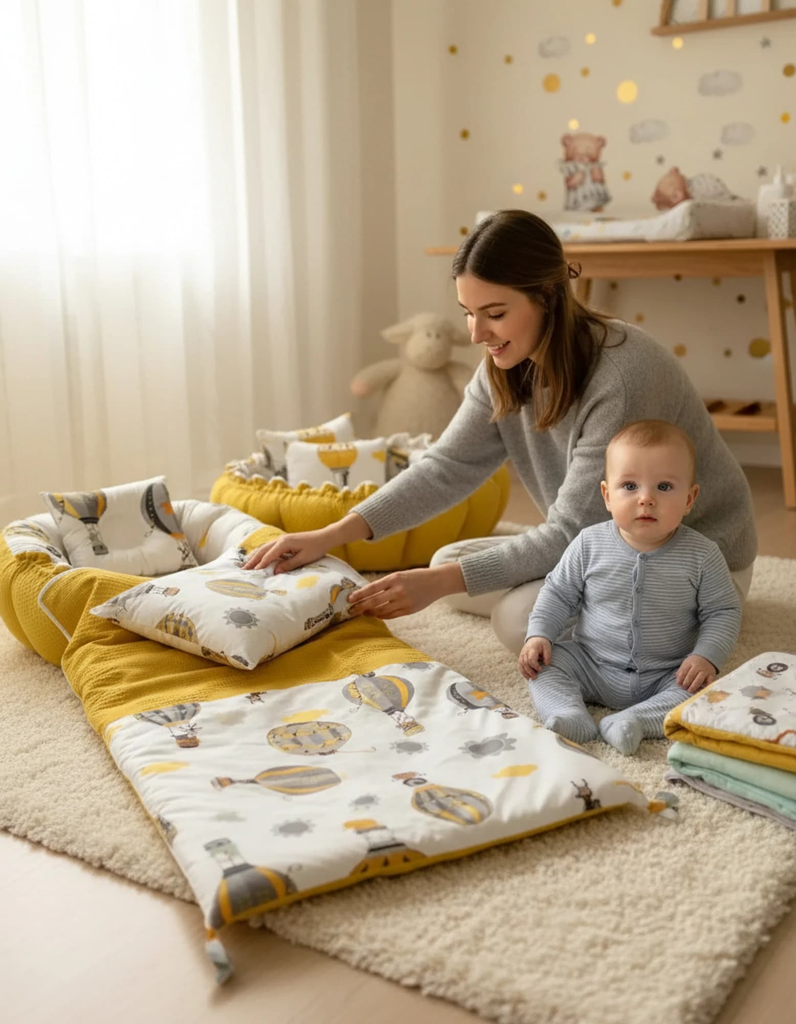 5li Set Yatak Ve Ortopedik Yastik - Yuvarlak Minderi Ve Yastigi + Ince Ortu Hardal BabyNest görsel 3