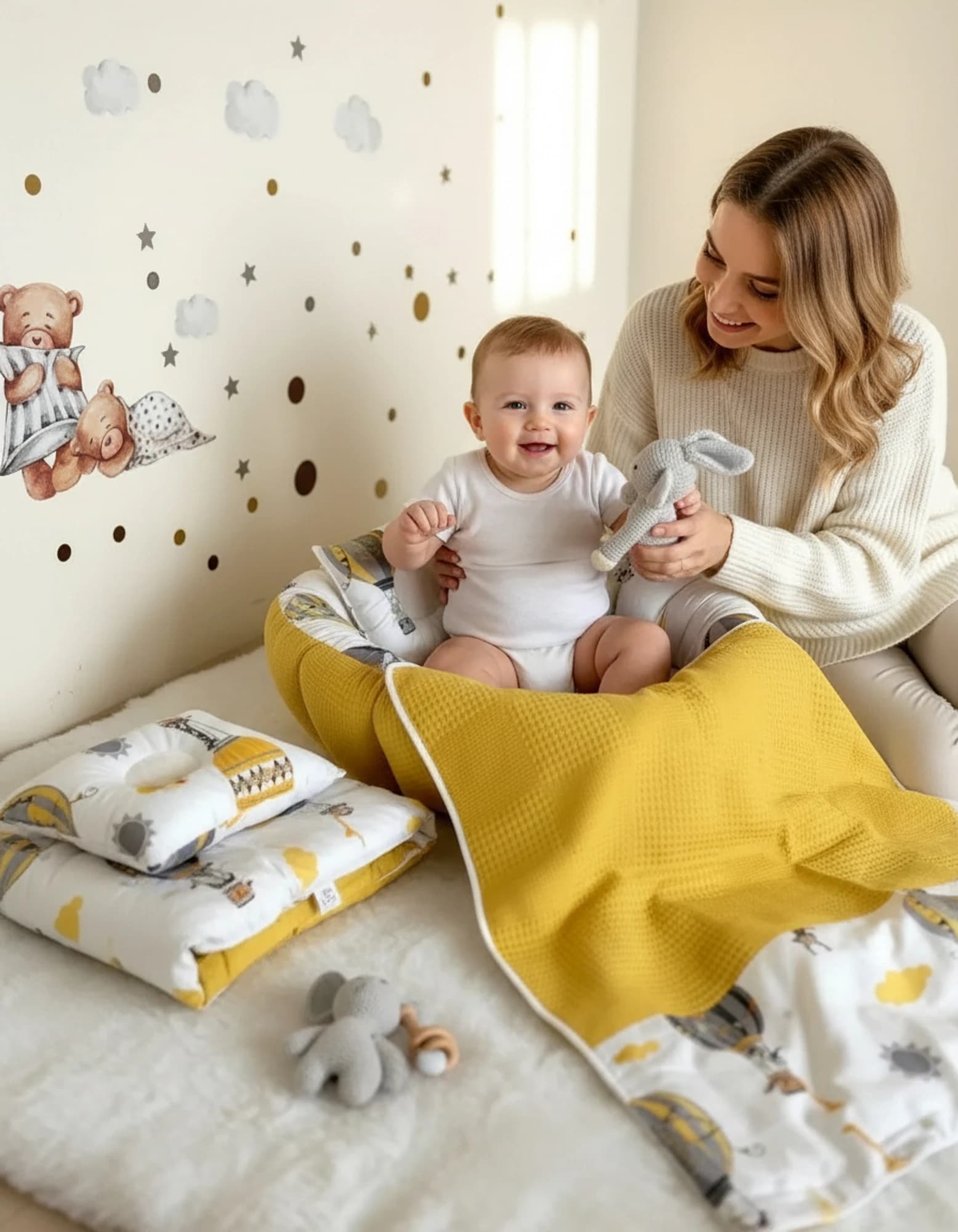 5li Set Yatak Ve Ortopedik Yastik - Yuvarlak Minderi Ve Yastigi + Ince Ortu Hardal BabyNest görsel 4