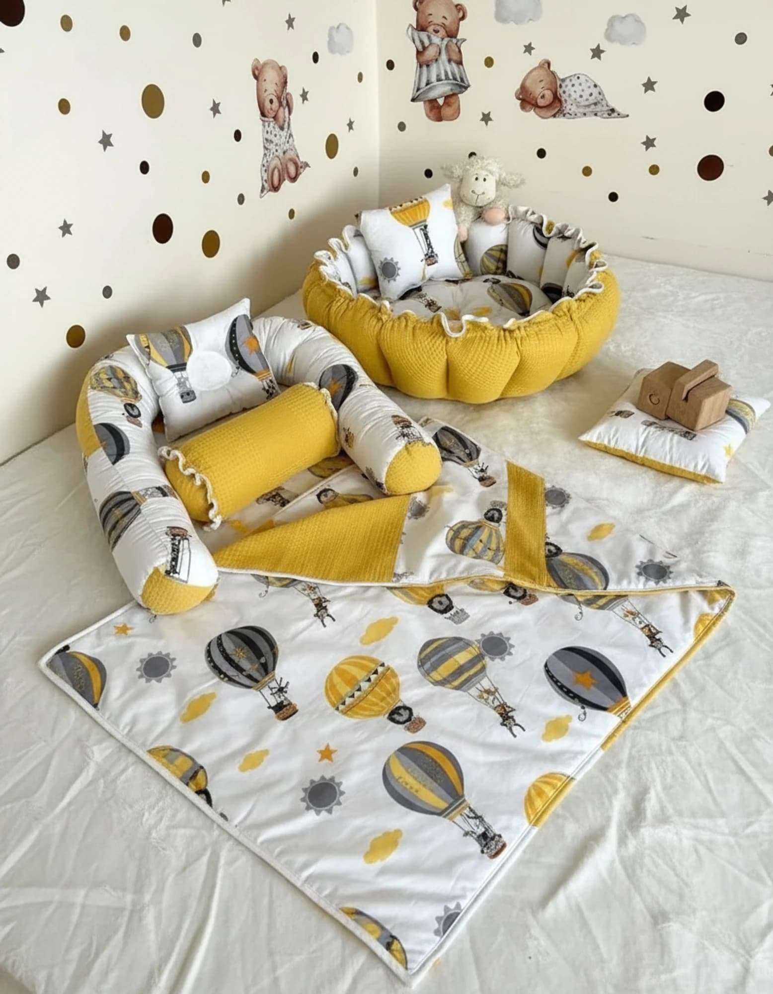 5li Set Yatak Ve Ortopedik Yastik - Yuvarlak Minderi Ve Yastigi + Ince Ortu Hardal BabyNest görsel 5