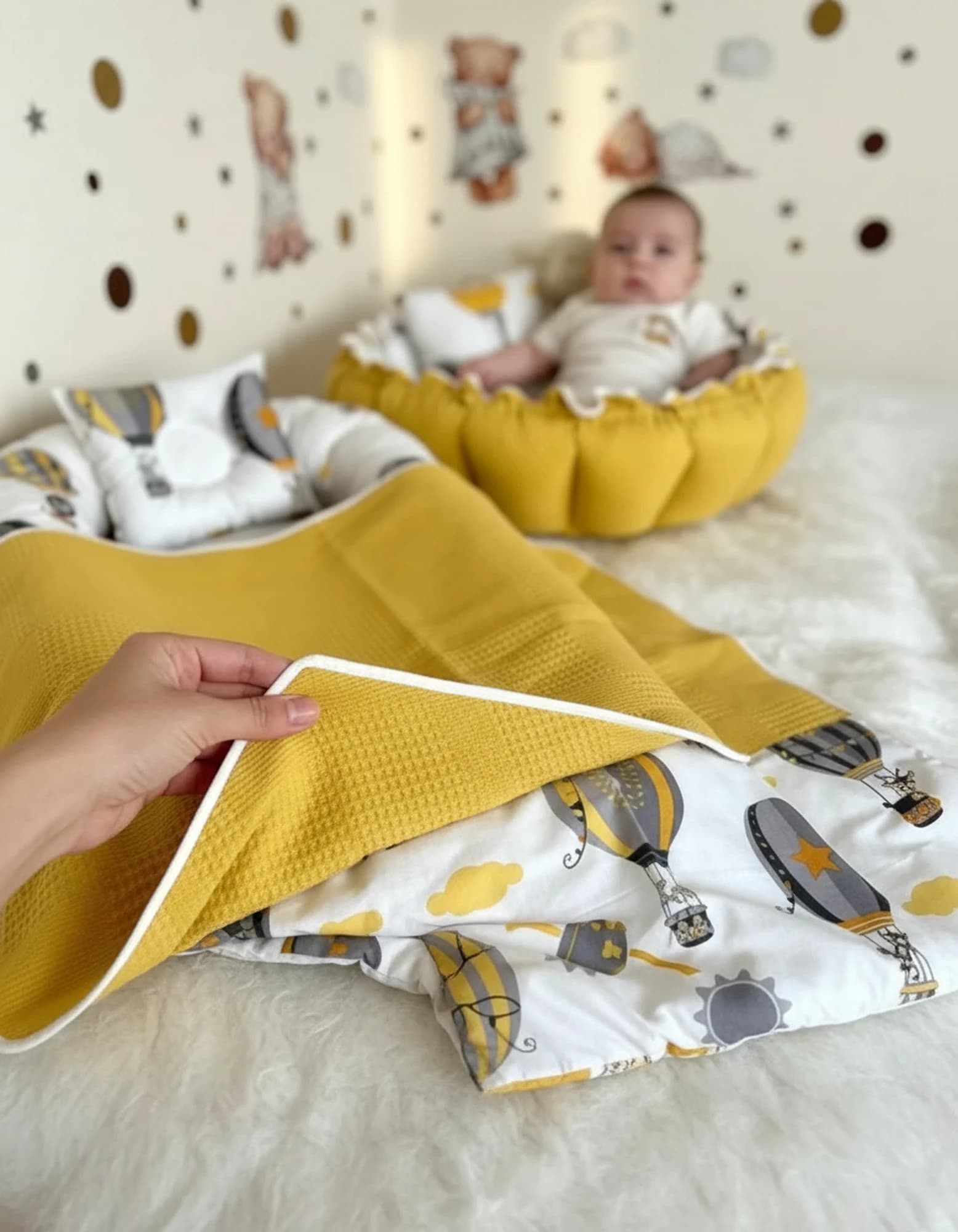 5li Set Yatak Ve Ortopedik Yastik - Yuvarlak Minderi Ve Yastigi + Ince Ortu Hardal BabyNest görsel 6