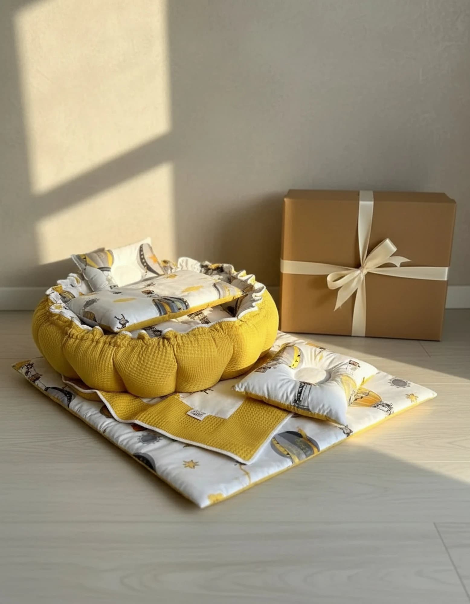 5li Set Yatak Ve Ortopedik Yastik - Yuvarlak Minderi Ve Yastigi + Ince Ortu Hardal BabyNest görsel 7