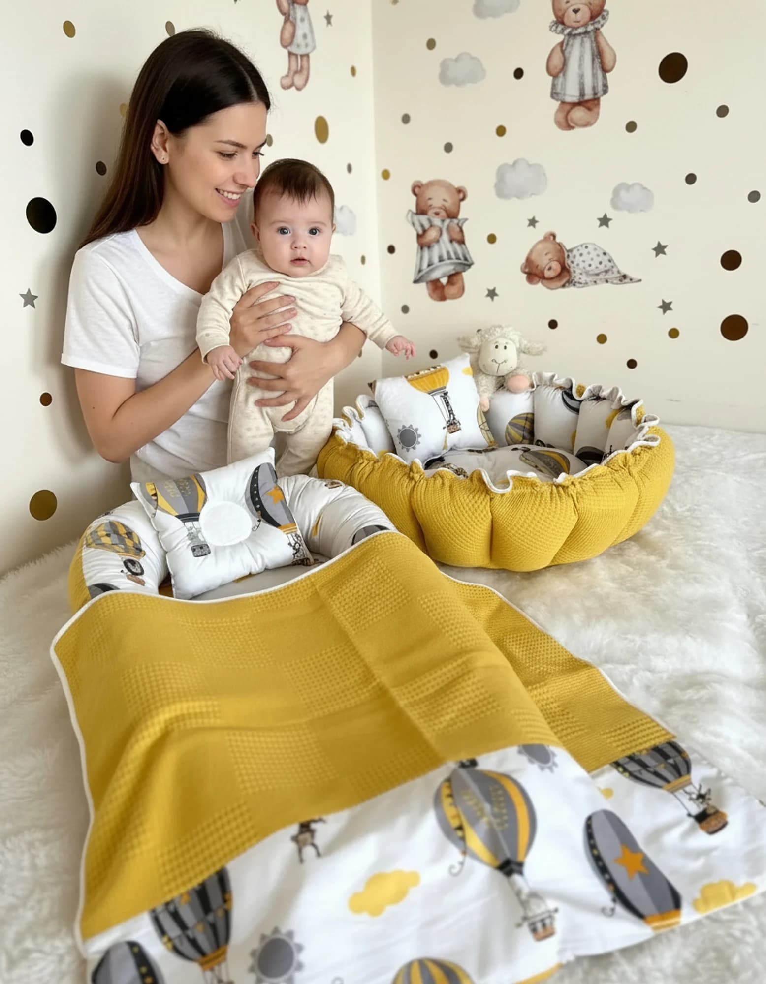 5li Set Yatak Ve Ortopedik Yastik - Yuvarlak Minderi Ve Yastigi + Ince Ortu Hardal BabyNest görsel 8