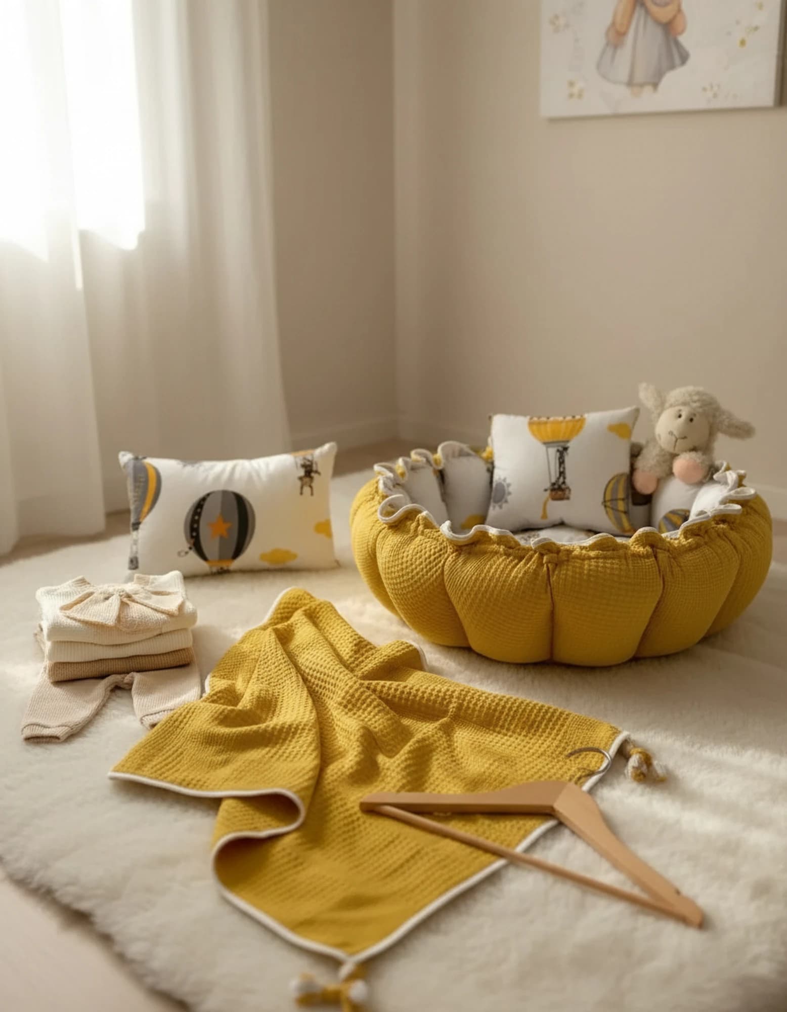 5li Set Yatak Ve Ortopedik Yastik - Yuvarlak Minderi Ve Yastigi + Ince Ortu Hardal BabyNest görsel 9