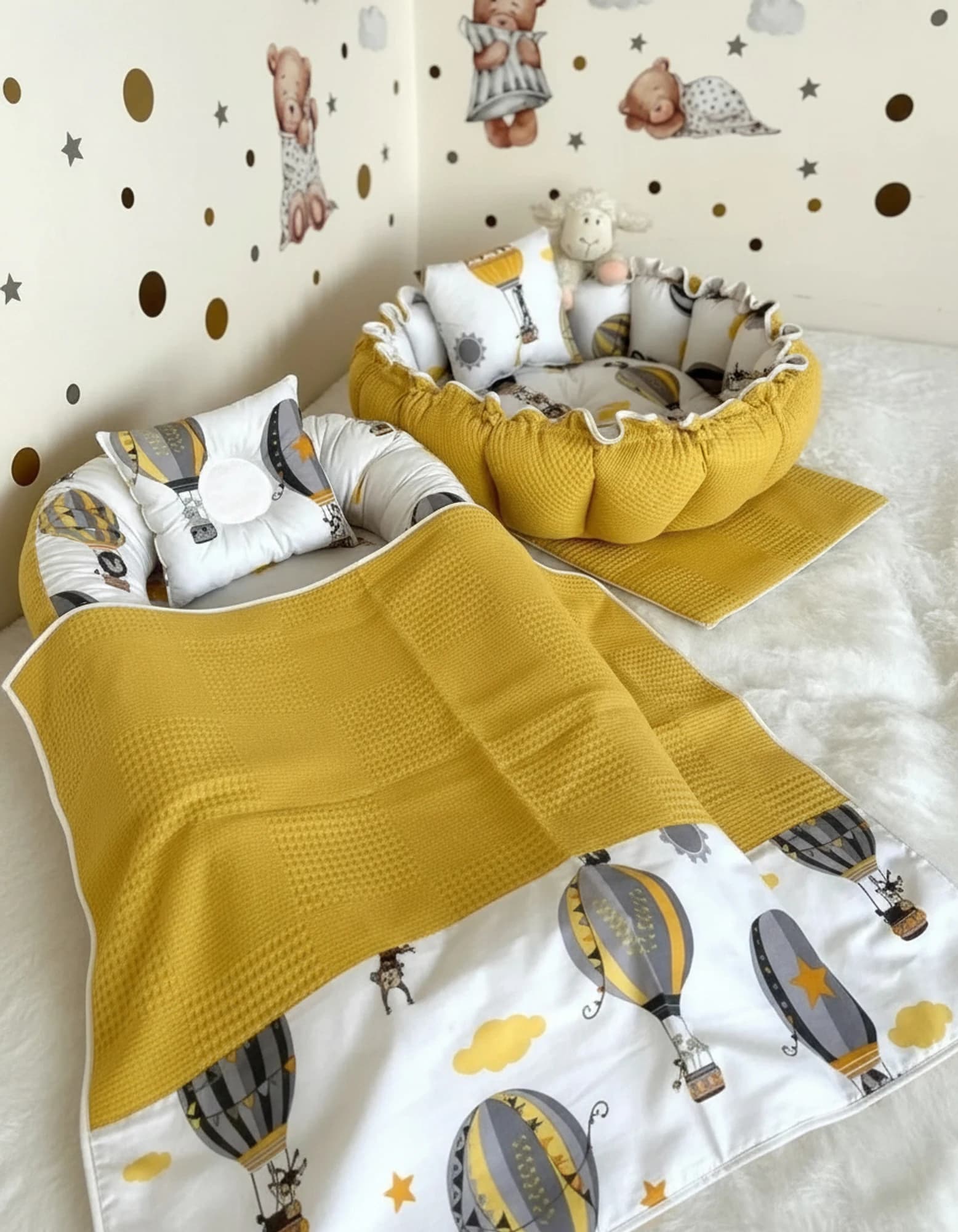 5li Set Yatak Ve Ortopedik Yastik - Yuvarlak Minderi Ve Yastigi + Ince Ortu Hardal BabyNest görsel 10