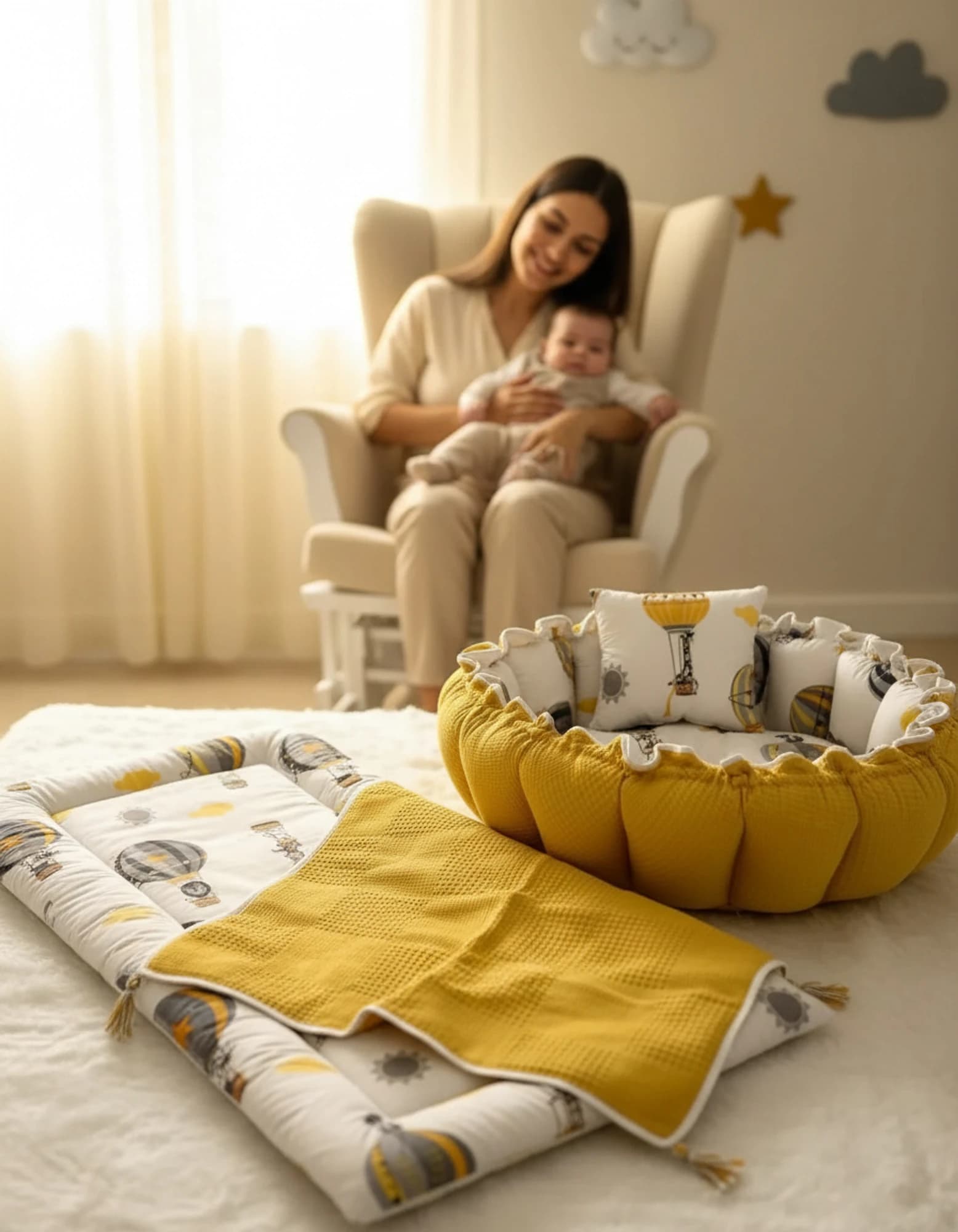 5li Set Yatak Ve Ortopedik Yastik - Yuvarlak Minderi Ve Yastigi + Ince Ortu Hardal BabyNest görsel 11