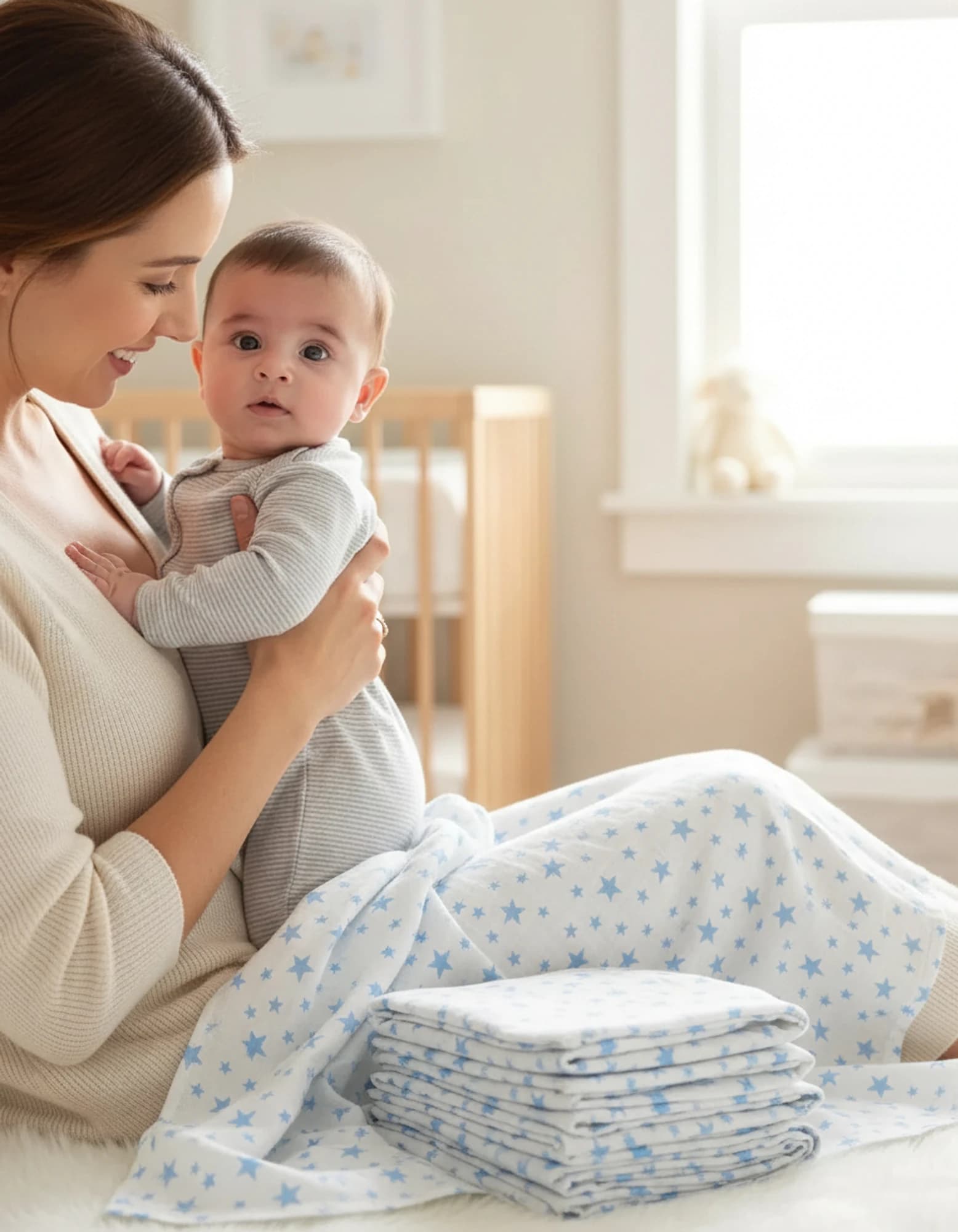 Muslin Ortu Cift Katli Mavi Yildiz Desen Ve Duz Beyaz BabyNest görsel 2