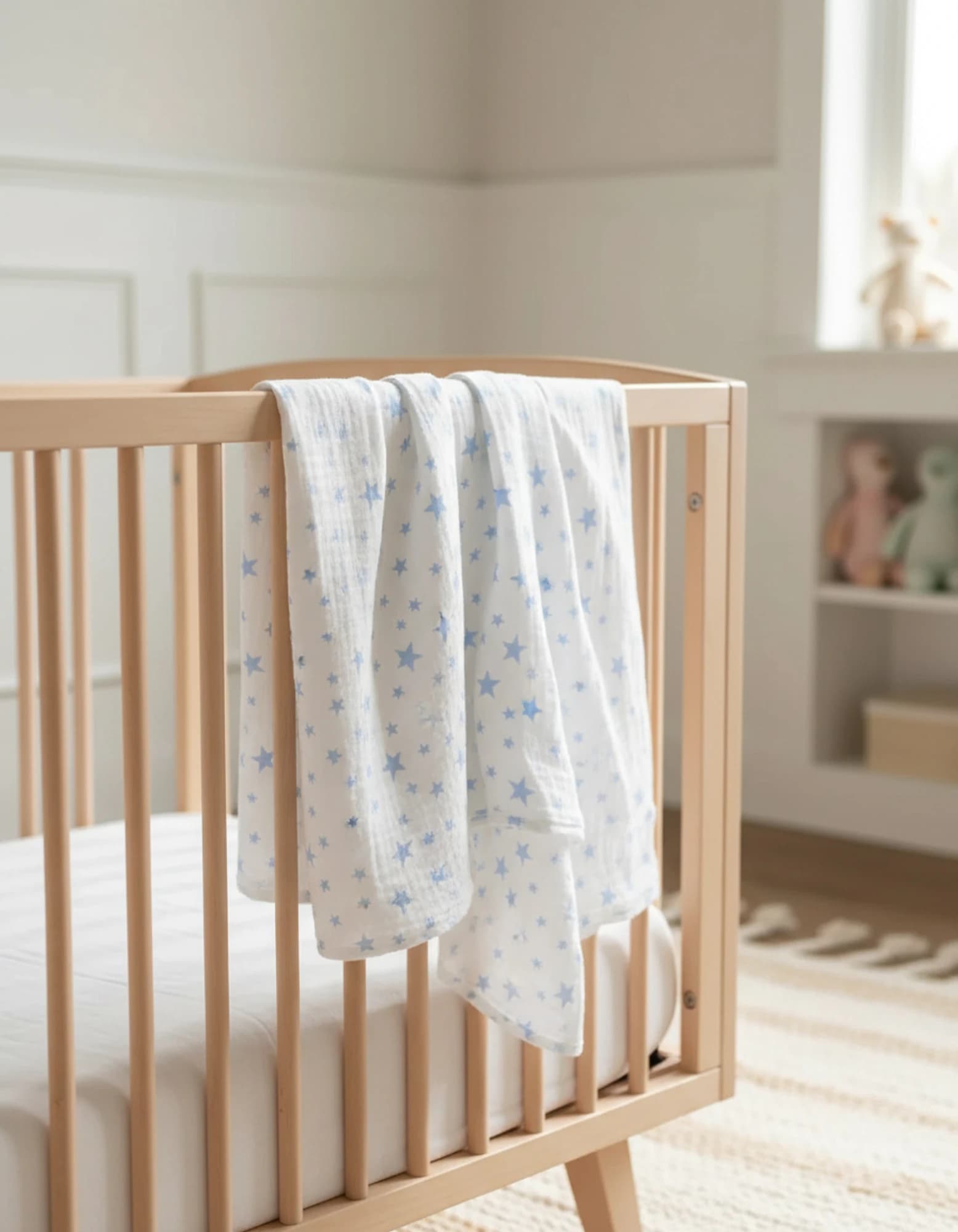 Muslin Ortu Cift Katli Mavi Yildiz Desen Ve Duz Beyaz BabyNest görsel 5