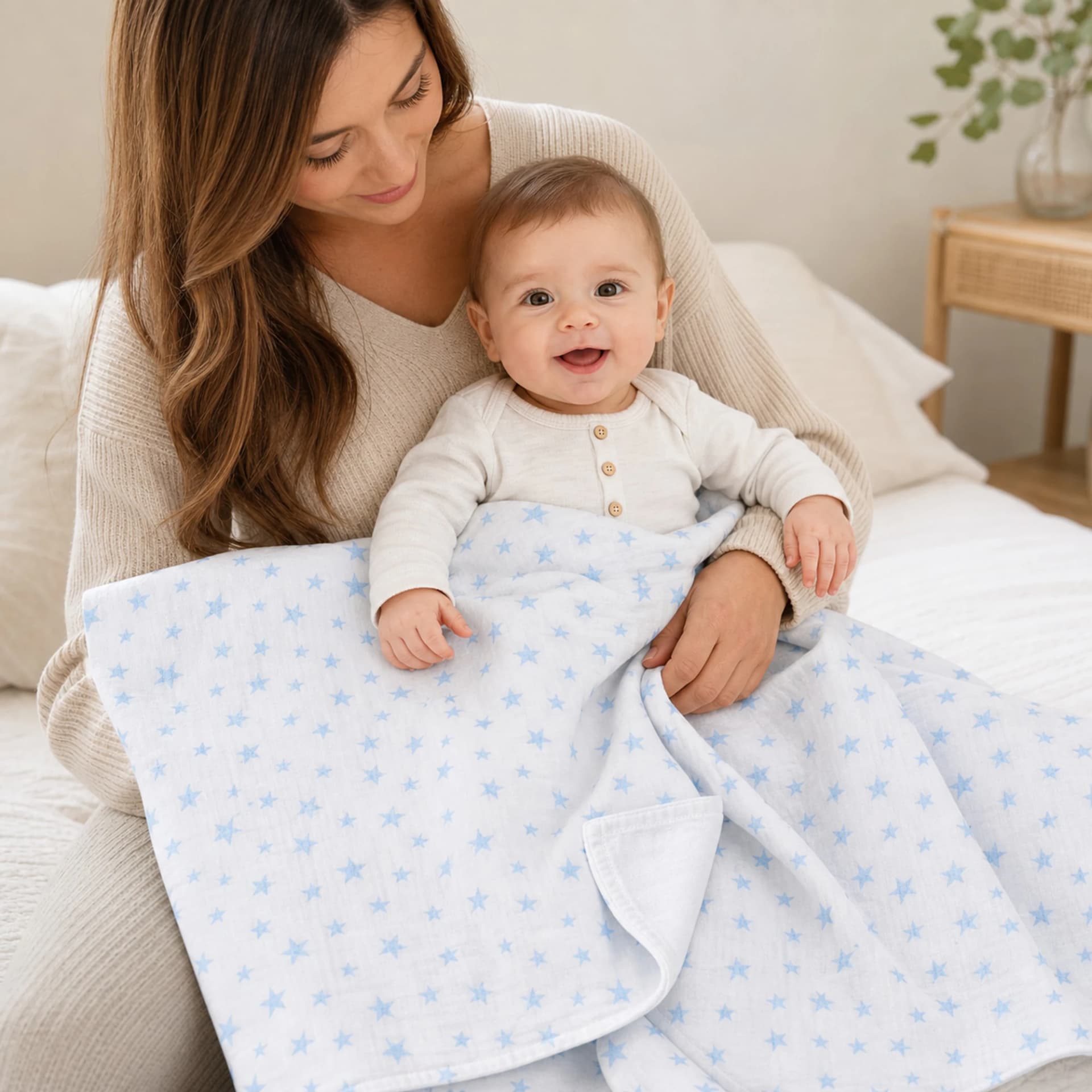Muslin Ortu Cift Katli Mavi Yildiz Desen Ve Duz Beyaz BabyNest görsel 11