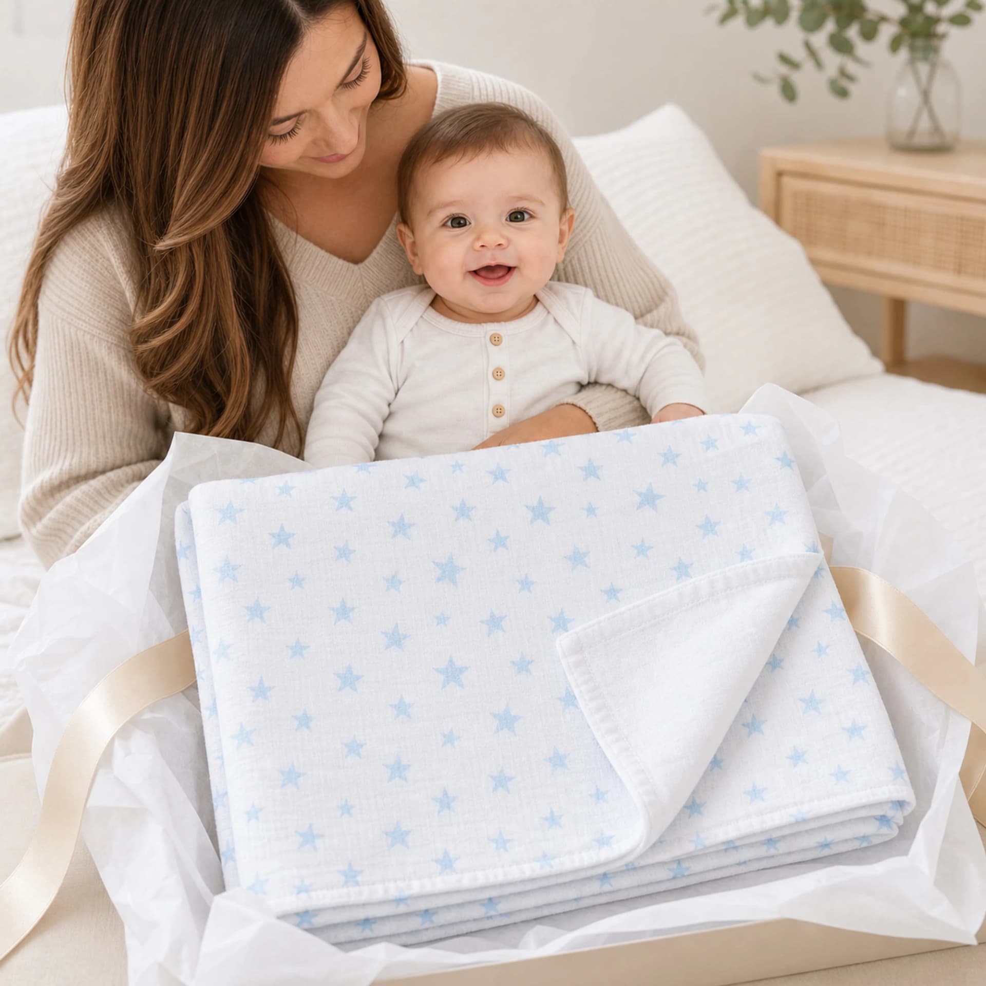 Muslin Ortu Cift Katli Mavi Yildiz Desen Ve Duz Beyaz BabyNest görsel 14