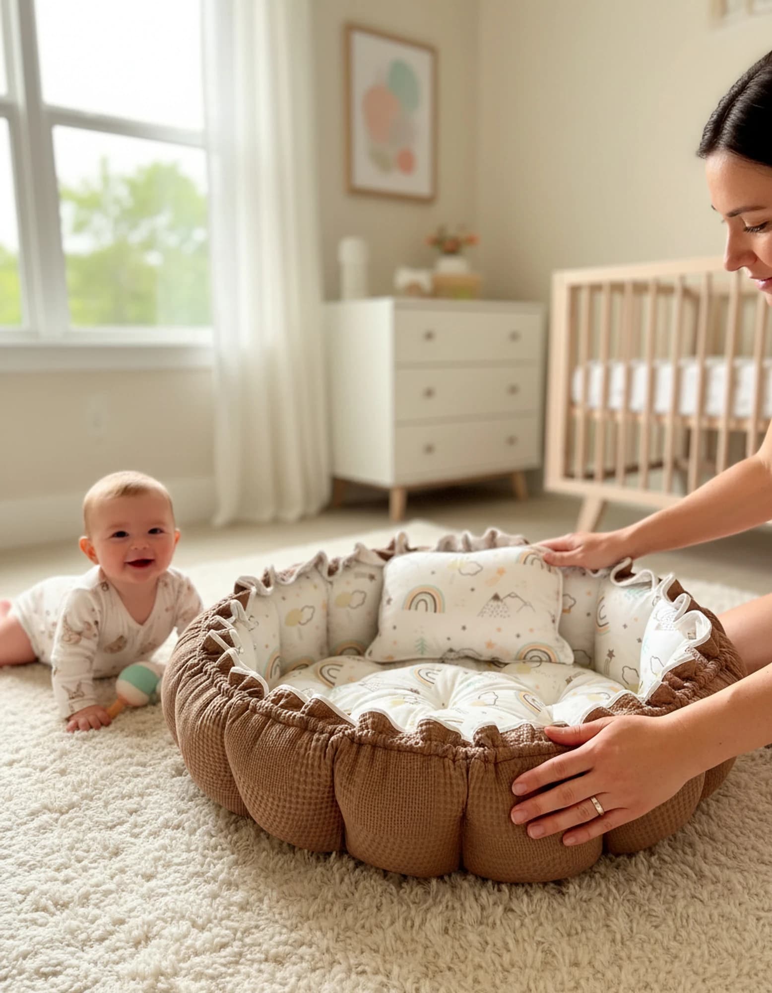 Yuvarlak Yatak/oyun Minderi Ve Yastigi Kahve Pike Gokkusagi BabyNest görsel 9