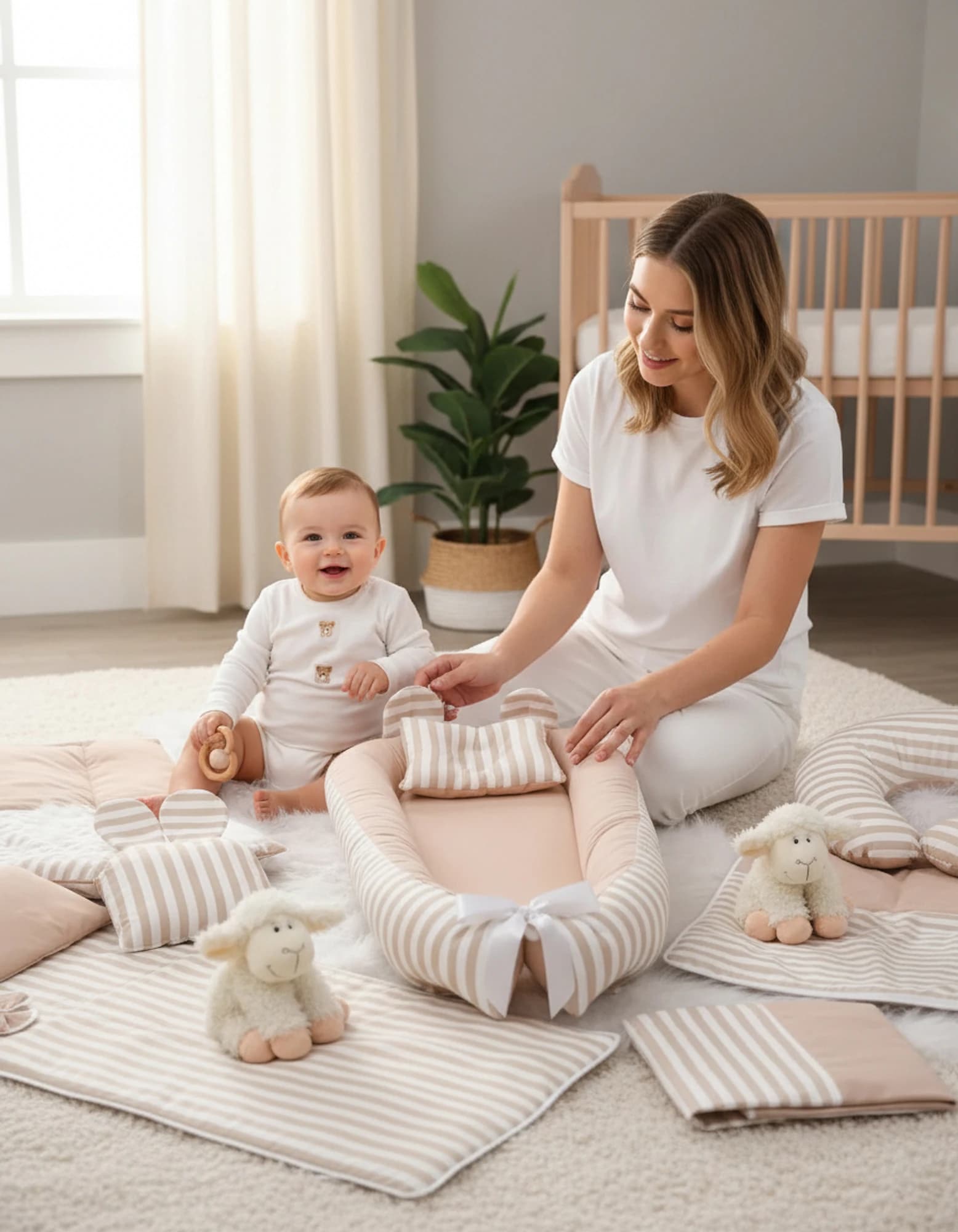 Full Set 9 Parca Bebek Ihtiyac Seti Bej Ve Krem Cizgili BabyNest görsel 3