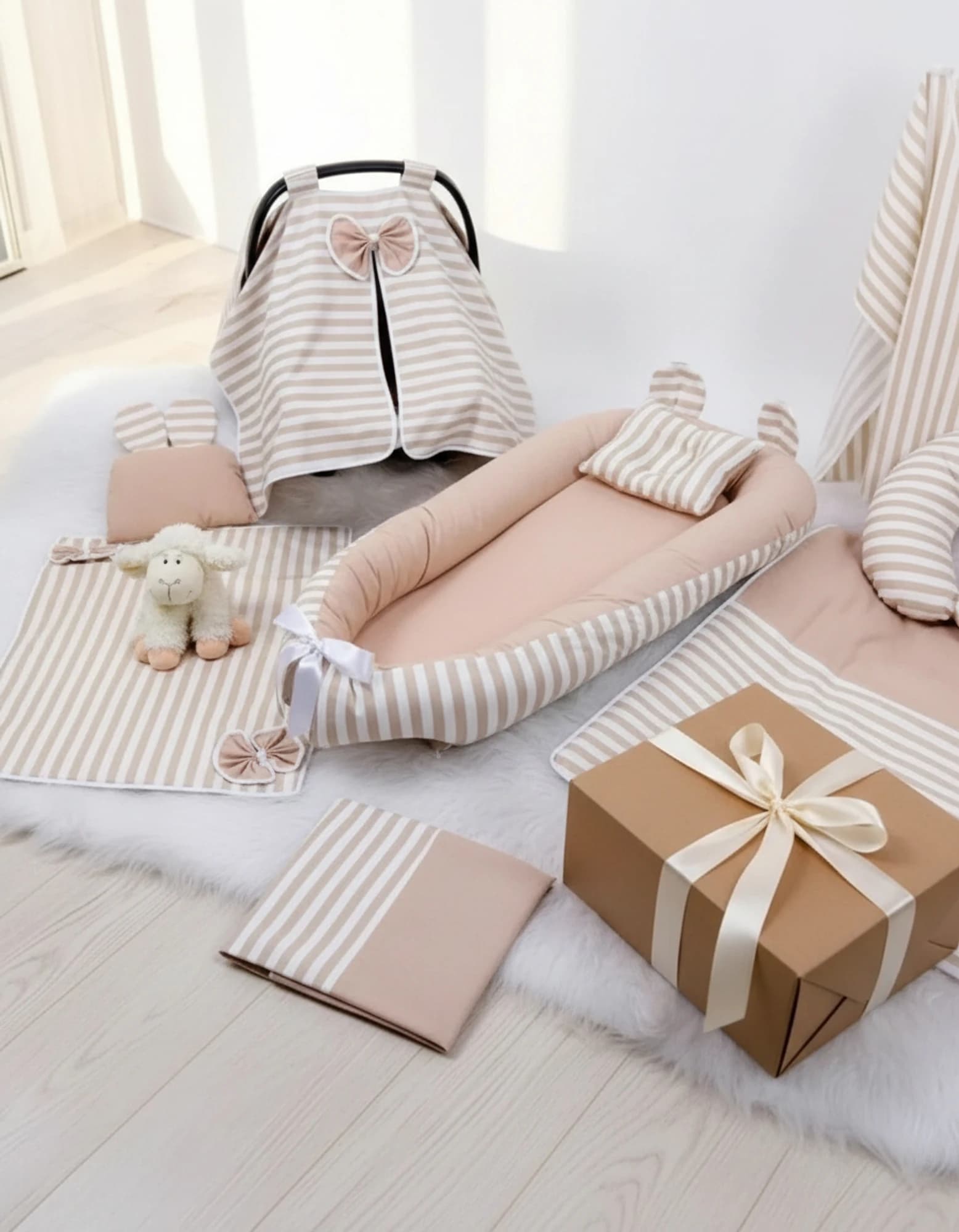 Full Set 9 Parca Bebek Ihtiyac Seti Bej Ve Krem Cizgili BabyNest görsel 7