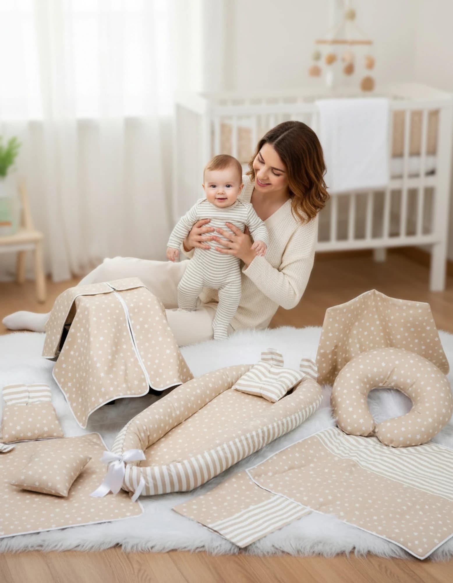 Full Set 9 Parca Ihtiyac Urunleri Krem Yildiz Krem Cizgili BabyNest görsel 4