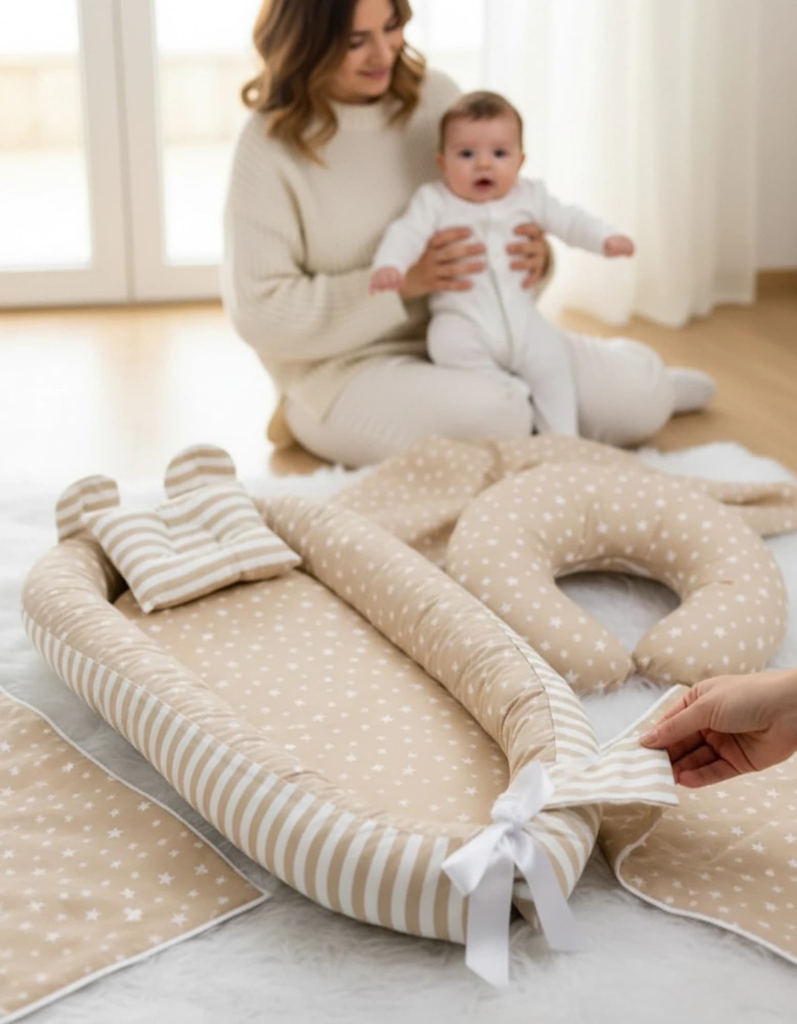 Full Set 9 Parca Ihtiyac Urunleri Krem Yildiz Krem Cizgili BabyNest görsel 6