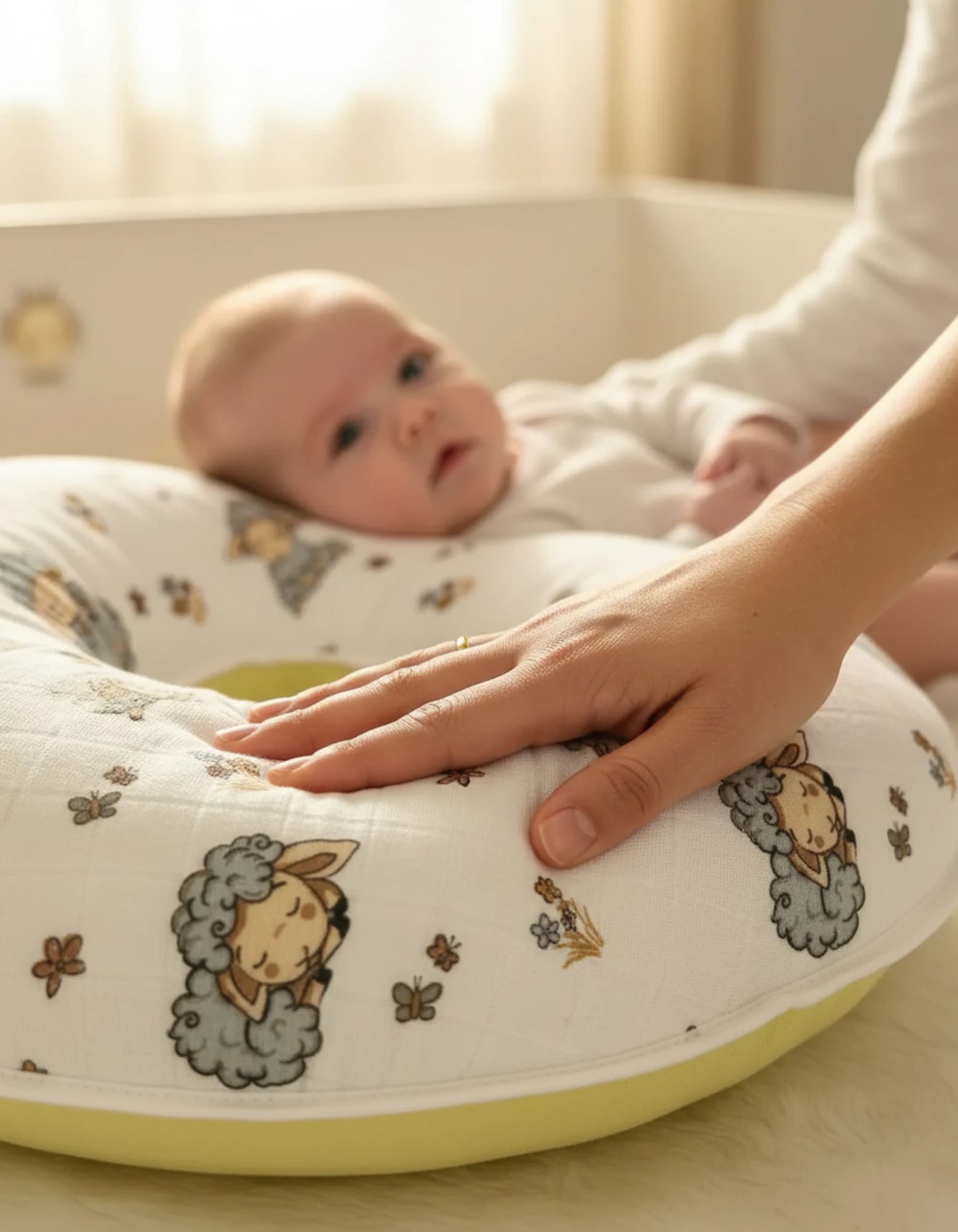 Emzirme Yastigi Ve Destek Minderi Muslin Kuzu Desen Ve Duz Sari Poplin