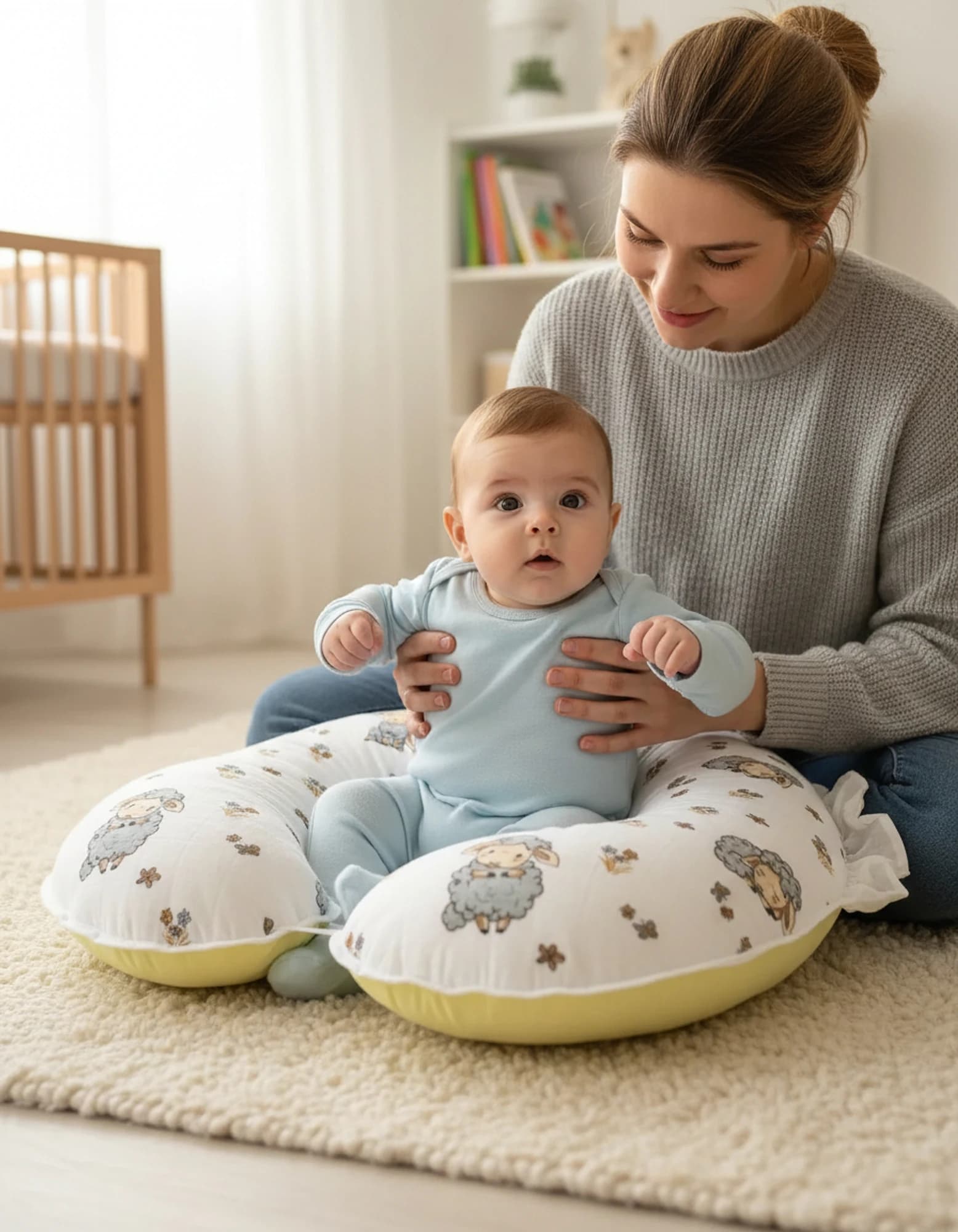 Emzirme Yastigi Ve Destek Minderi Muslin Kuzu Desen Ve Duz Sari Poplin