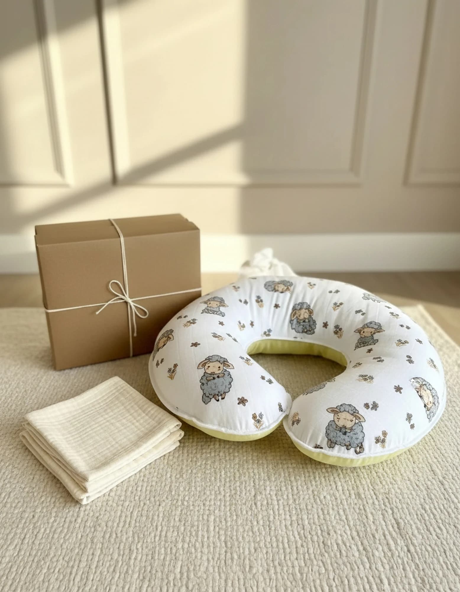 Emzirme Yastigi Ve Destek Minderi Muslin Kuzu Desen Ve Duz Sari Poplin