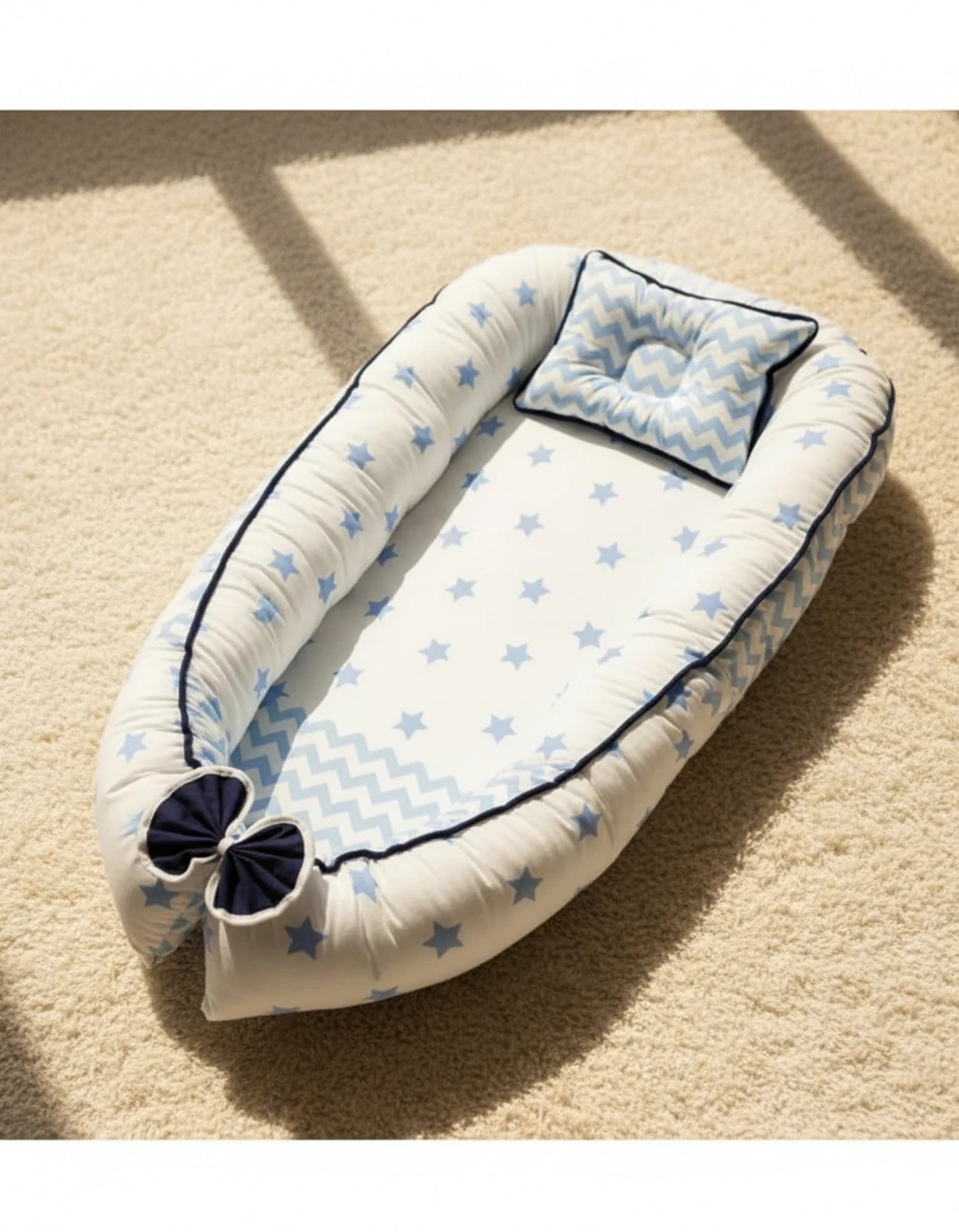 Yatak Ve Ortopedik Yastik Mavi Yildiz Ve Zikzak Fitilli BabyNest görsel 3