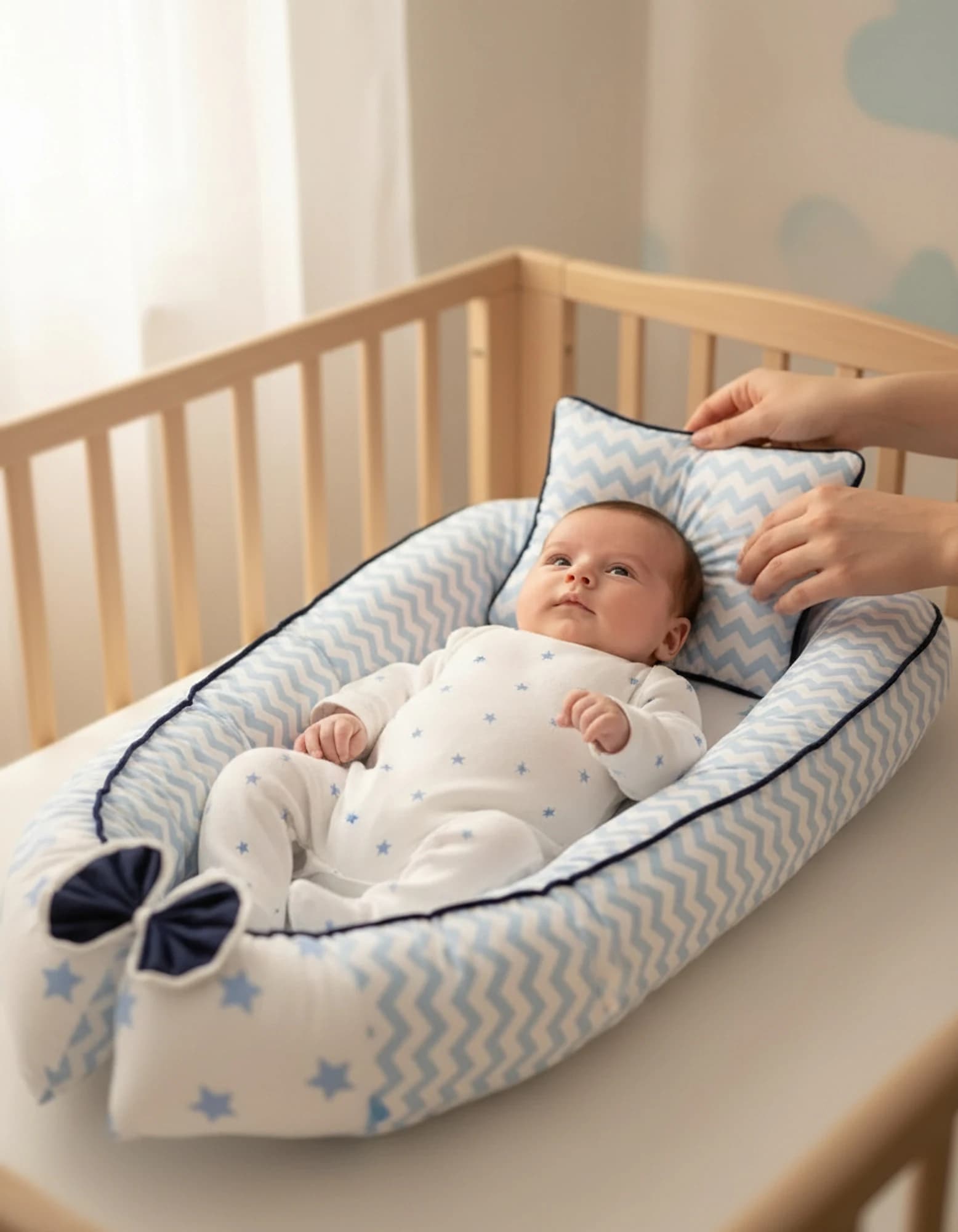Yatak Ve Ortopedik Yastik Mavi Yildiz Ve Zikzak Fitilli BabyNest görsel 4