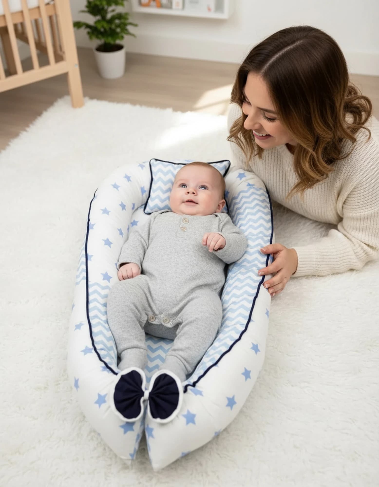 Yatak Ve Ortopedik Yastik Mavi Yildiz Ve Zikzak Fitilli BabyNest görsel 5