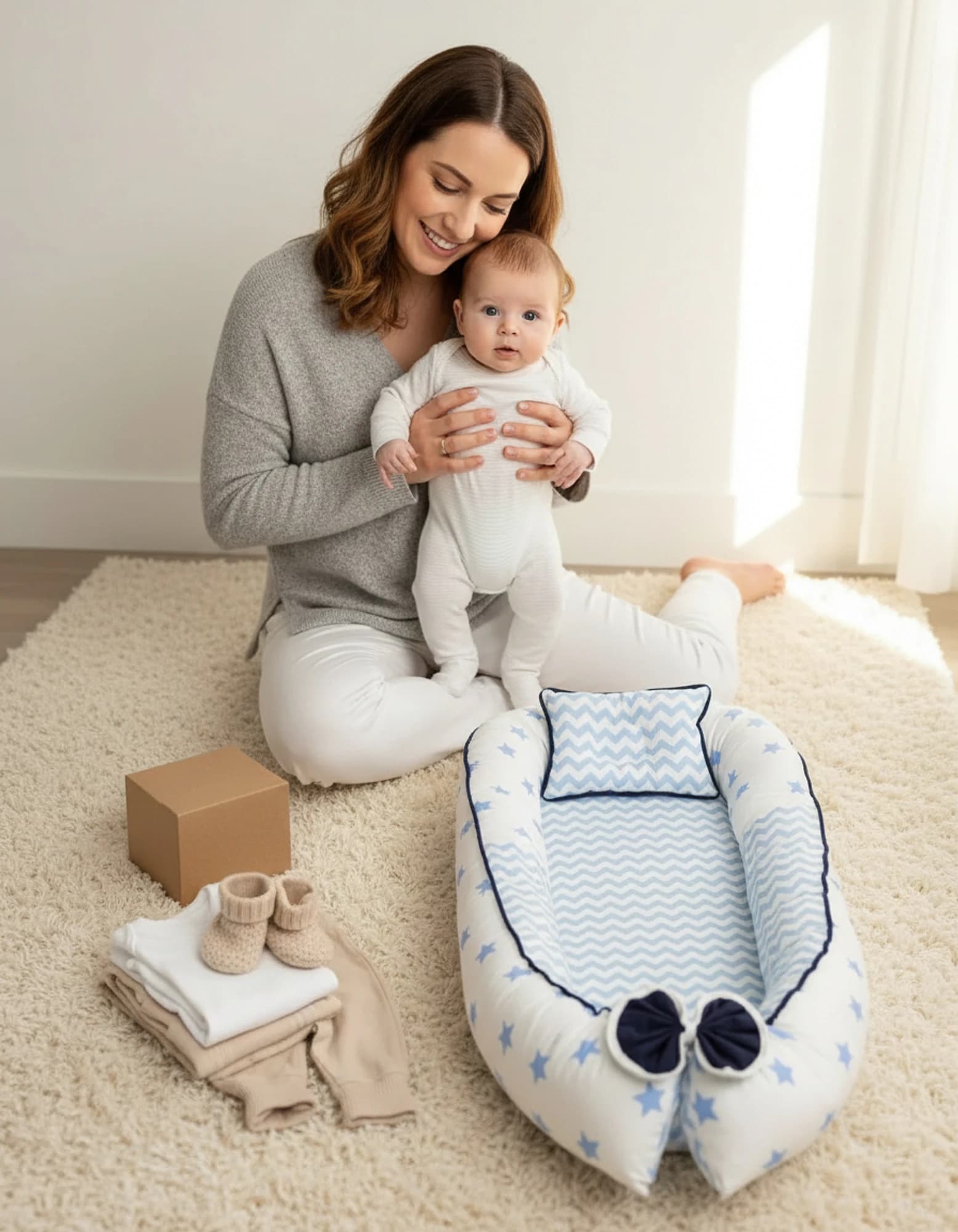 Yatak Ve Ortopedik Yastik Mavi Yildiz Ve Zikzak Fitilli BabyNest görsel 6