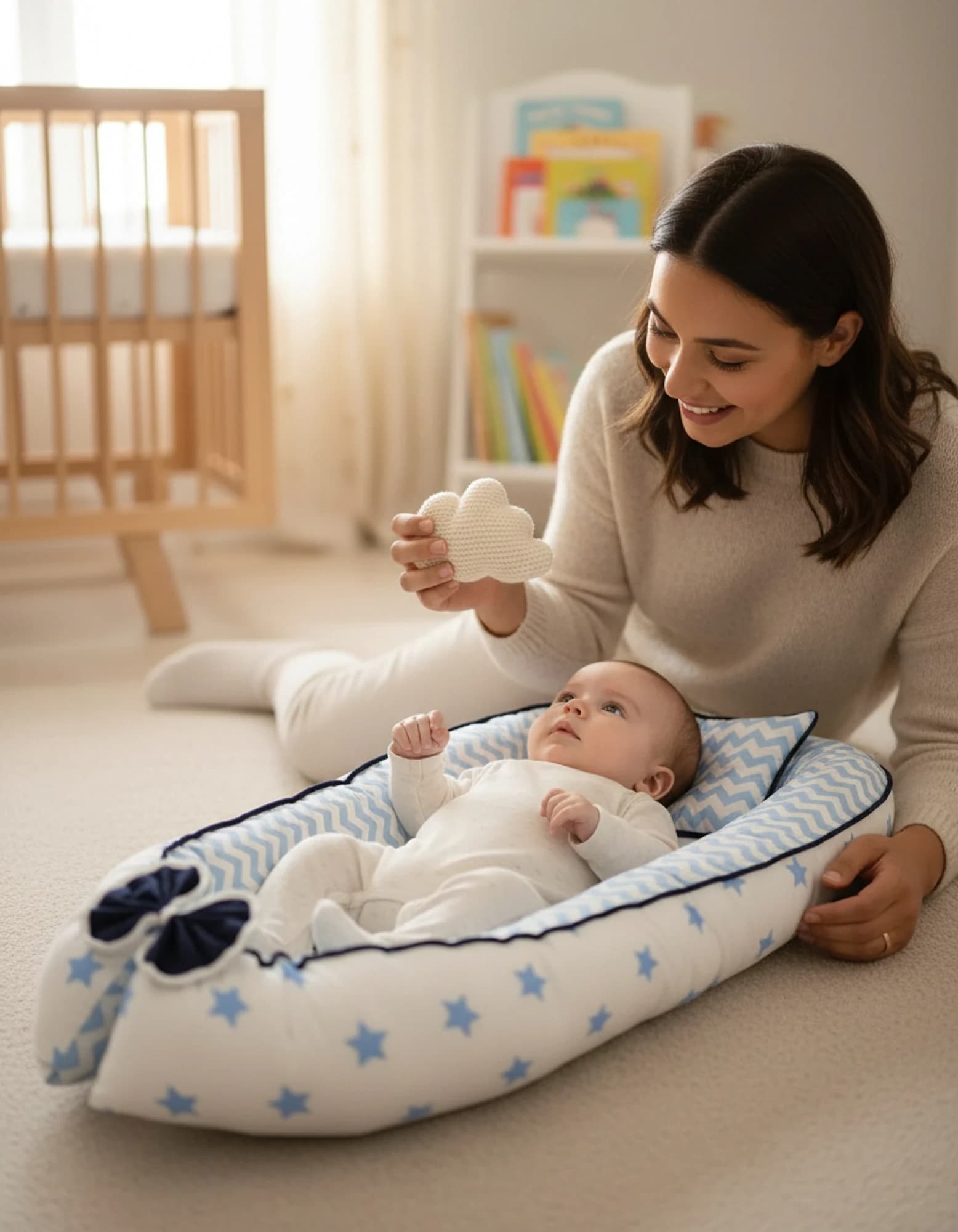 Yatak Ve Ortopedik Yastik Mavi Yildiz Ve Zikzak Fitilli BabyNest görsel 7