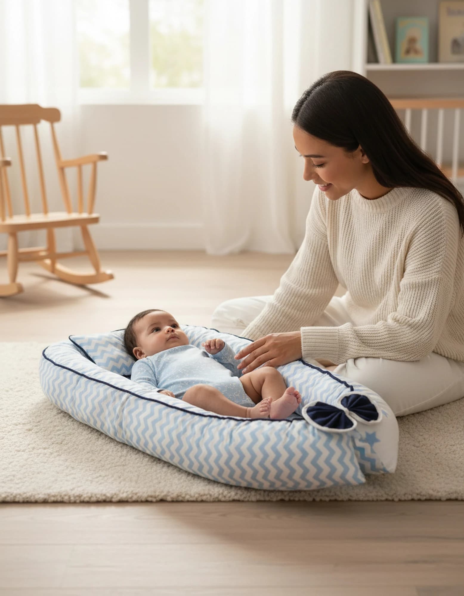 Yatak Ve Ortopedik Yastik Mavi Yildiz Ve Zikzak Fitilli BabyNest görsel 8