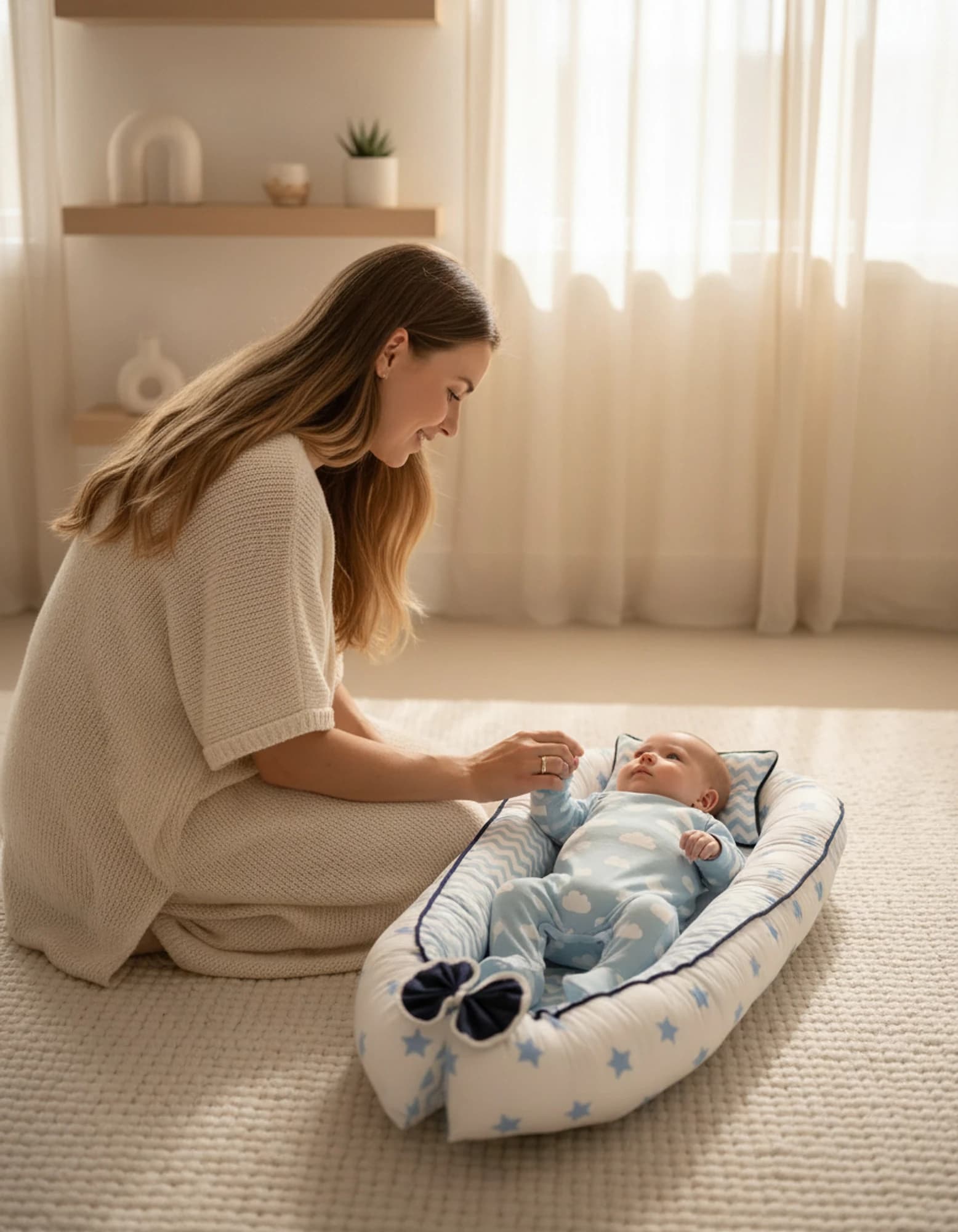 Yatak Ve Ortopedik Yastik Mavi Yildiz Ve Zikzak Fitilli BabyNest görsel 9