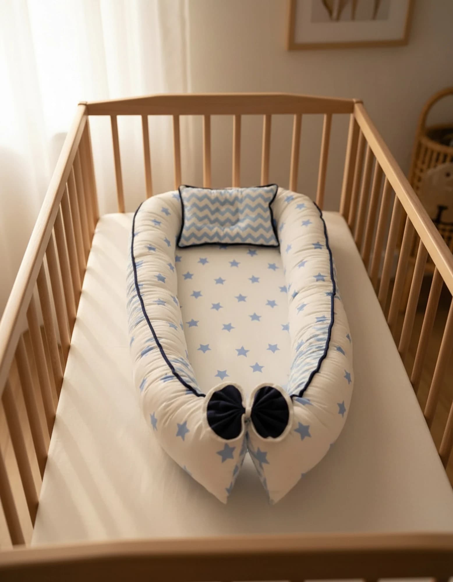 Yatak Ve Ortopedik Yastik Mavi Yildiz Ve Zikzak Fitilli BabyNest görsel 10