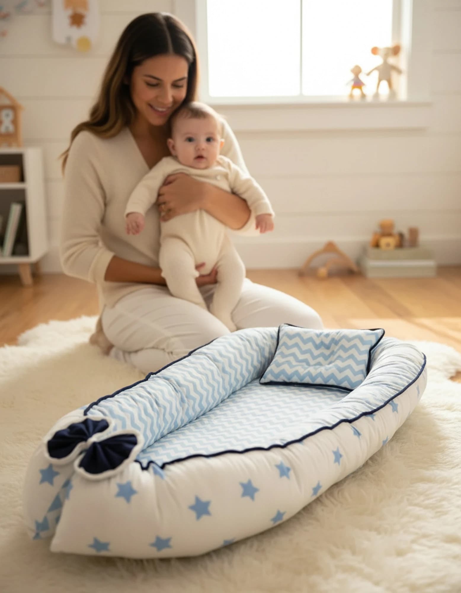 Yatak Ve Ortopedik Yastik Mavi Yildiz Ve Zikzak Fitilli BabyNest görsel 11