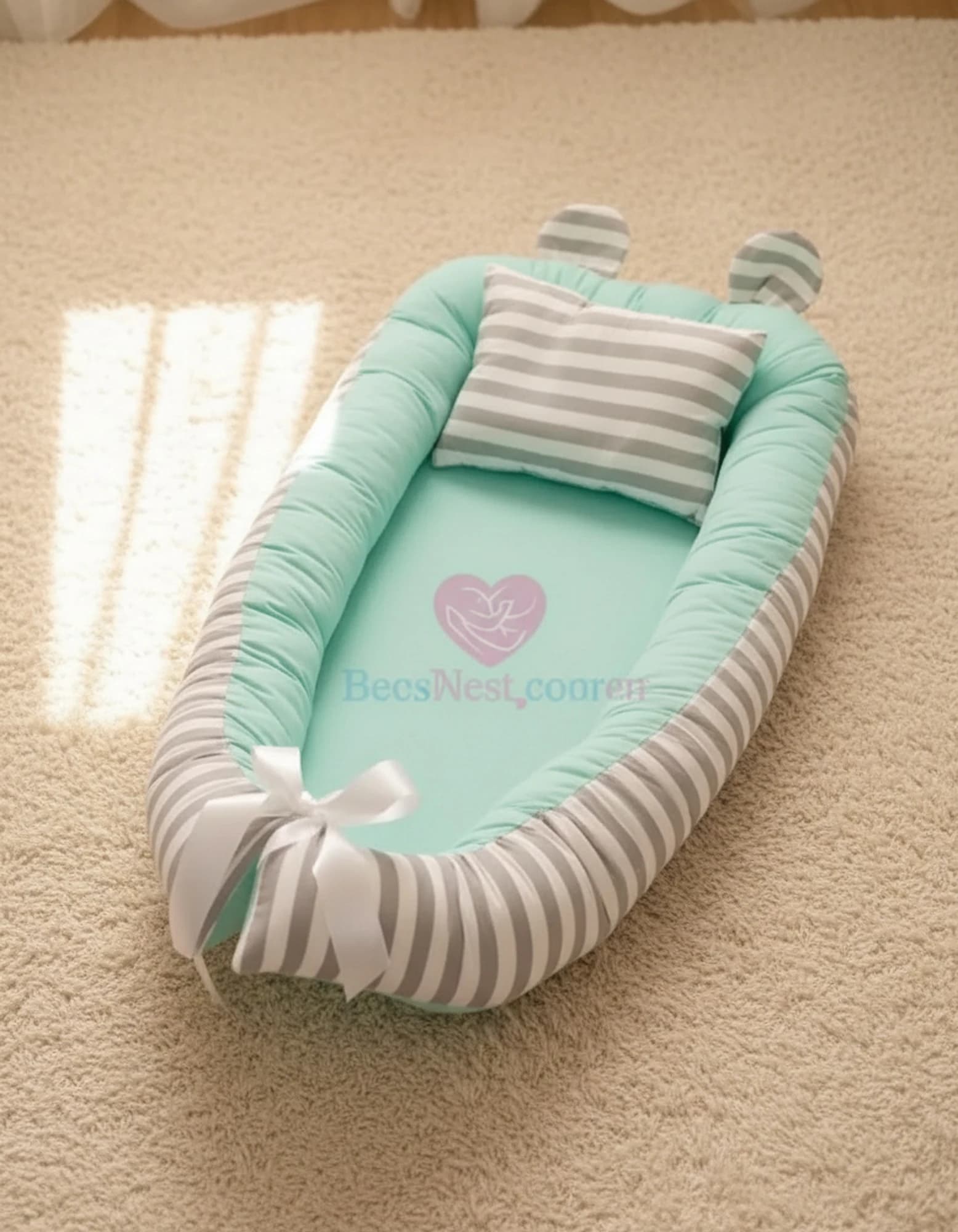 Yatak Ve Ortopedik Yastik Mint Ve Gri Cizgili Model BabyNest görsel 3