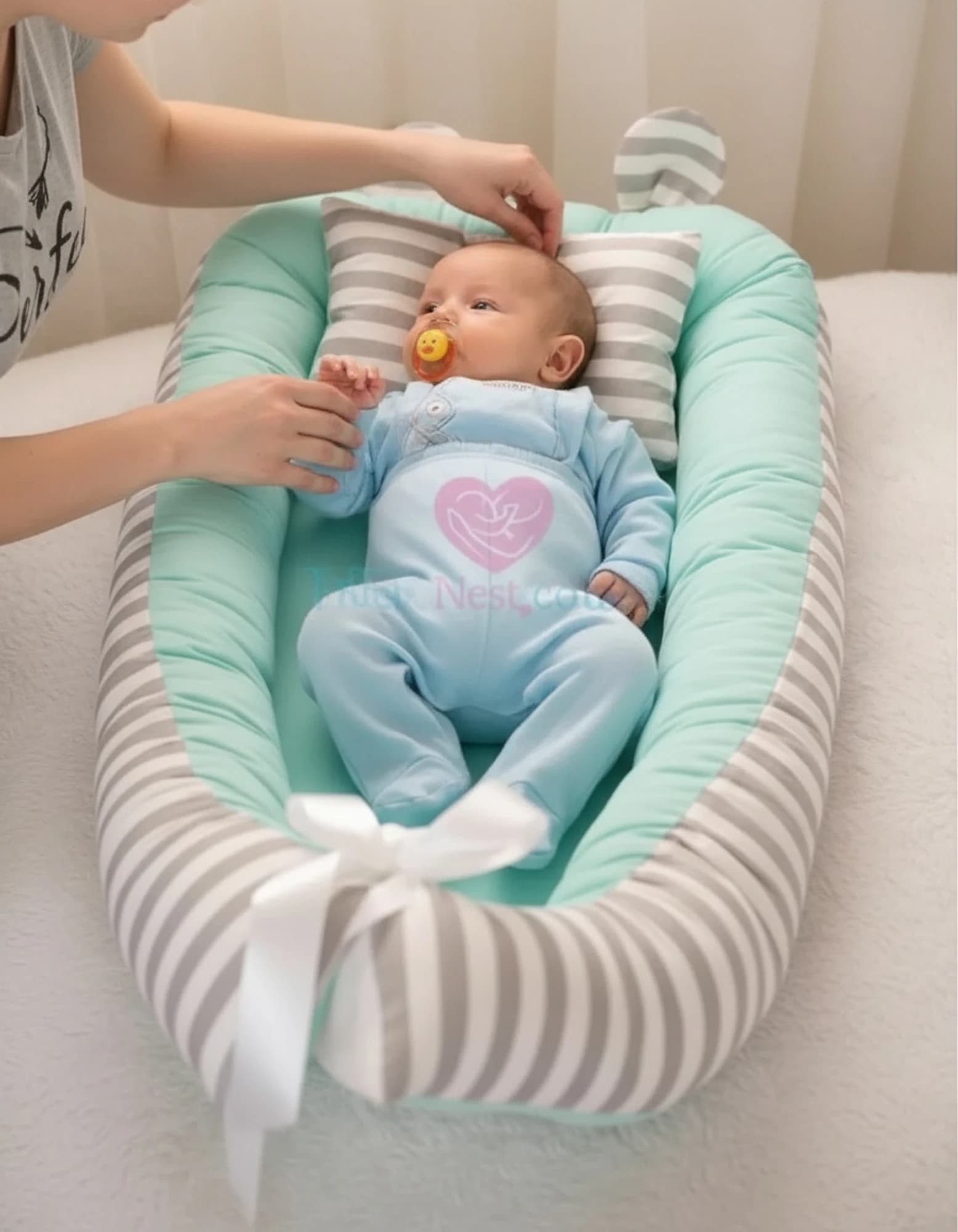 Yatak Ve Ortopedik Yastik Mint Ve Gri Cizgili Model BabyNest görsel 4
