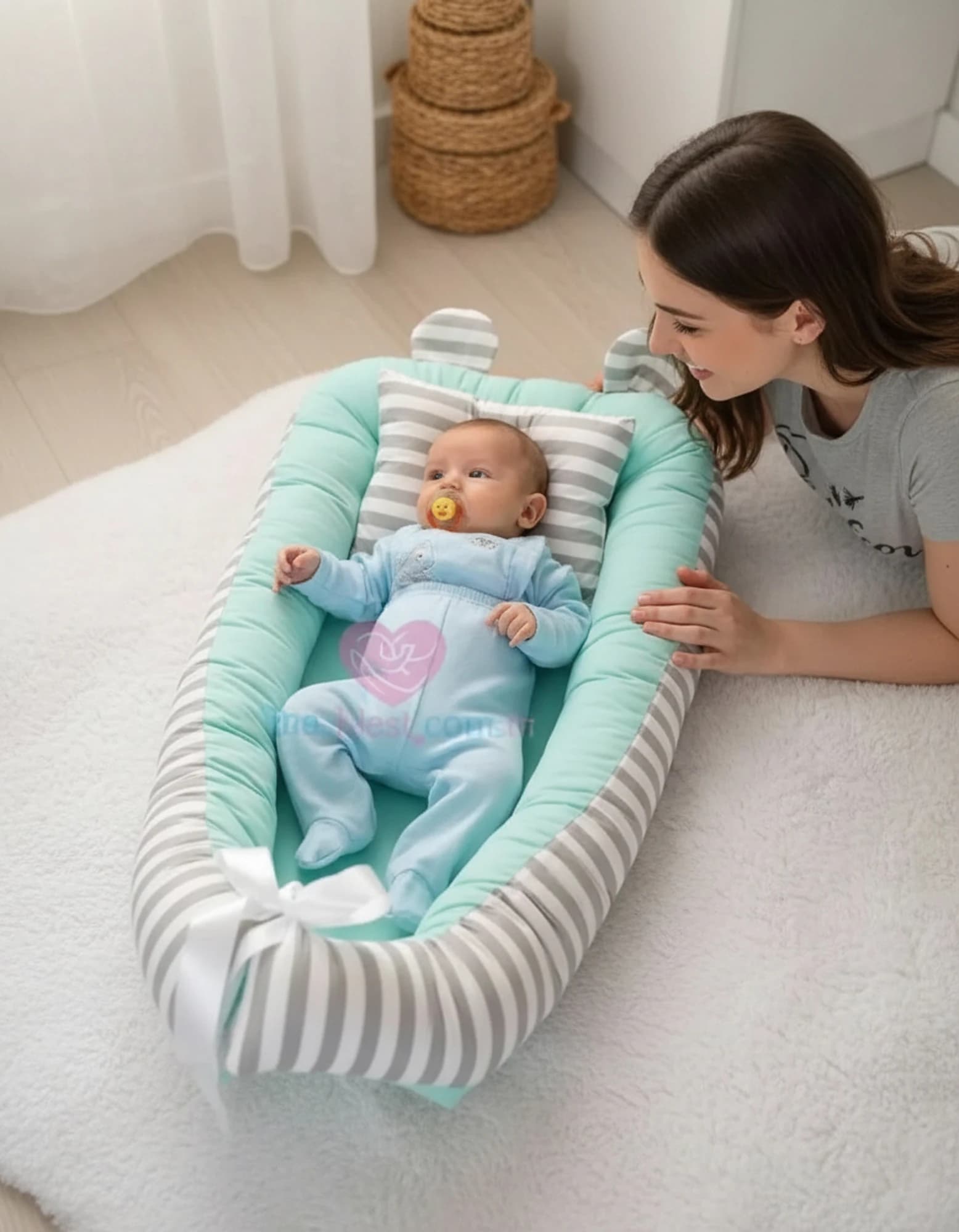 Yatak Ve Ortopedik Yastik Mint Ve Gri Cizgili Model BabyNest görsel 5