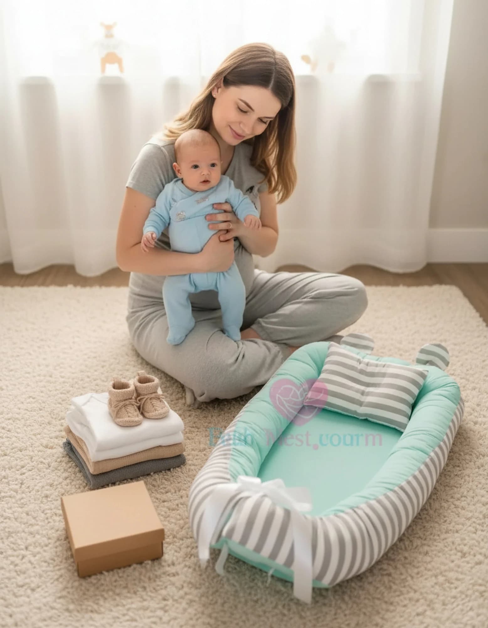 Yatak Ve Ortopedik Yastik Mint Ve Gri Cizgili Model BabyNest görsel 6
