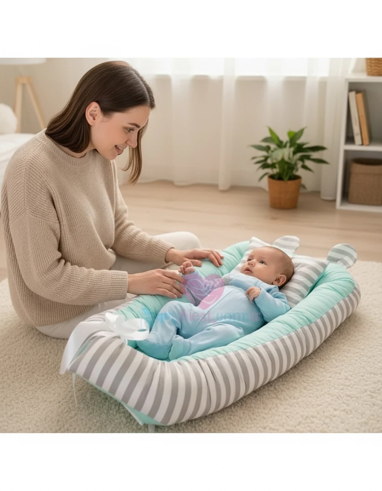 Yatak Ve Ortopedik Yastik Mint Ve Gri Cizgili Model BabyNest görsel 8