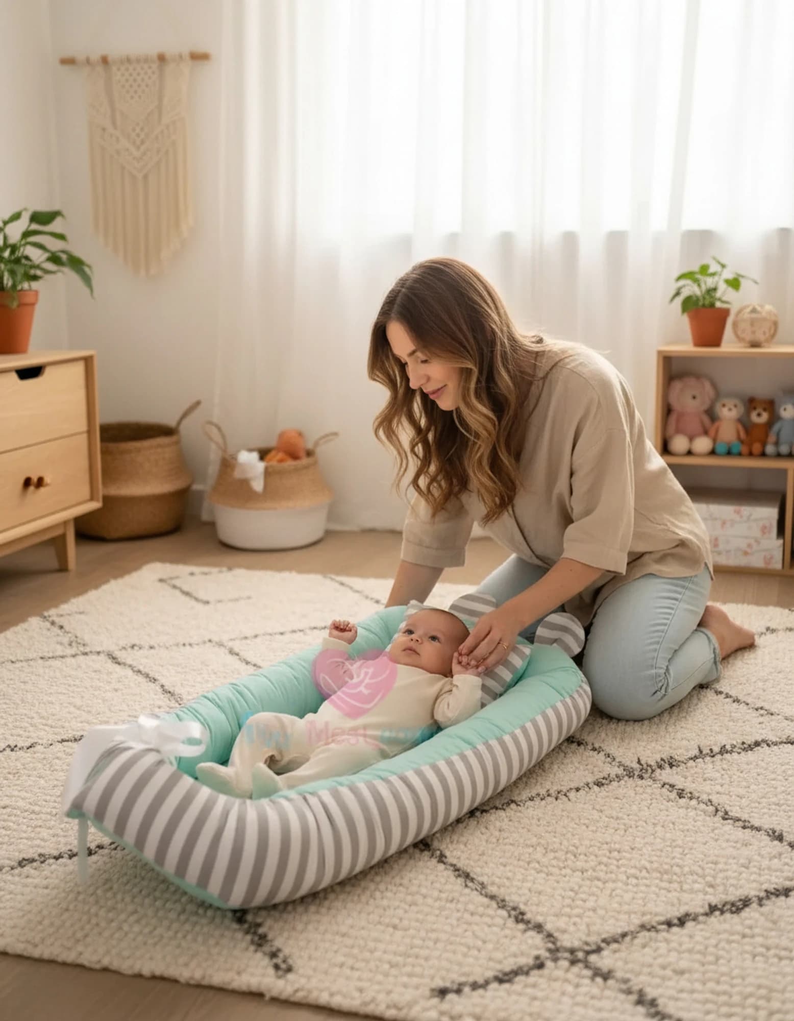 Yatak Ve Ortopedik Yastik Mint Ve Gri Cizgili Model BabyNest görsel 9