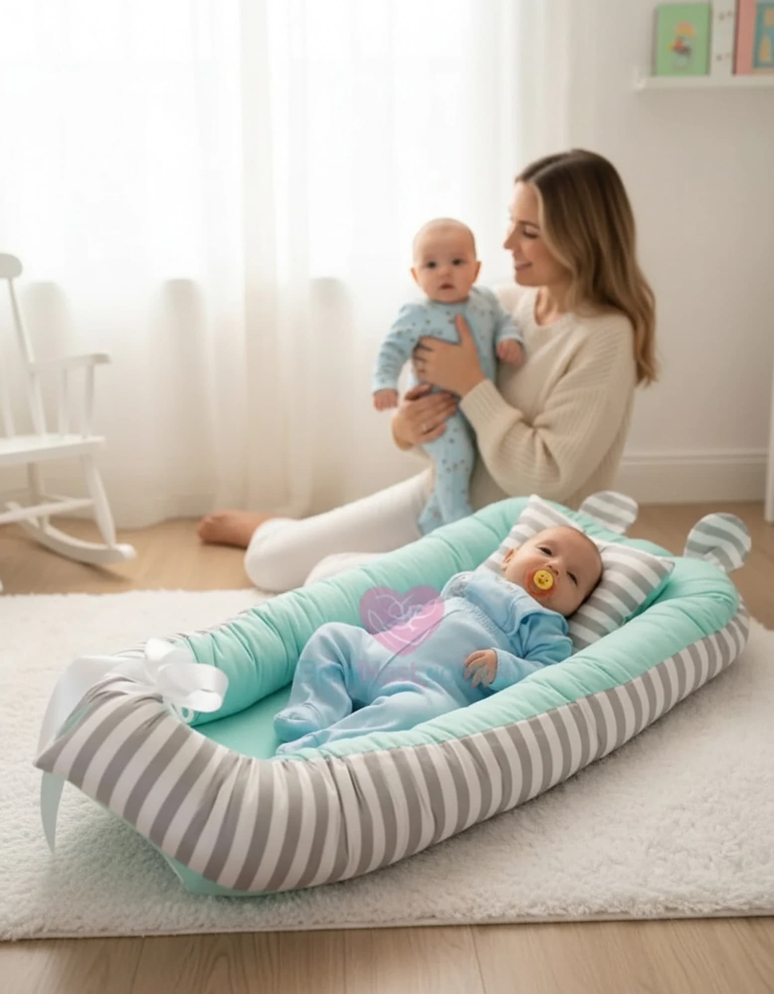 Yatak Ve Ortopedik Yastik Mint Ve Gri Cizgili Model BabyNest görsel 11