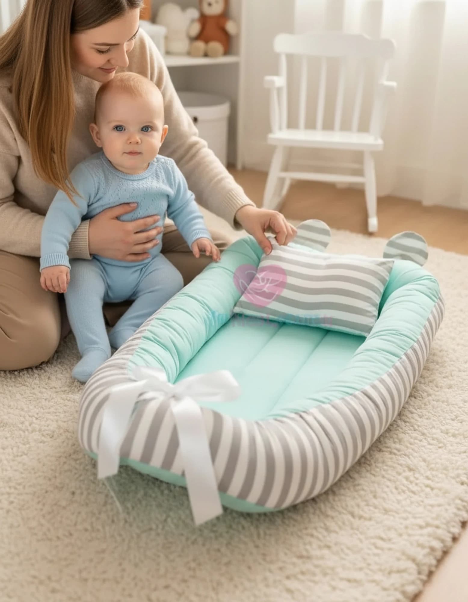 Yatak Ve Ortopedik Yastik Mint Ve Gri Cizgili BabyNest görsel 4