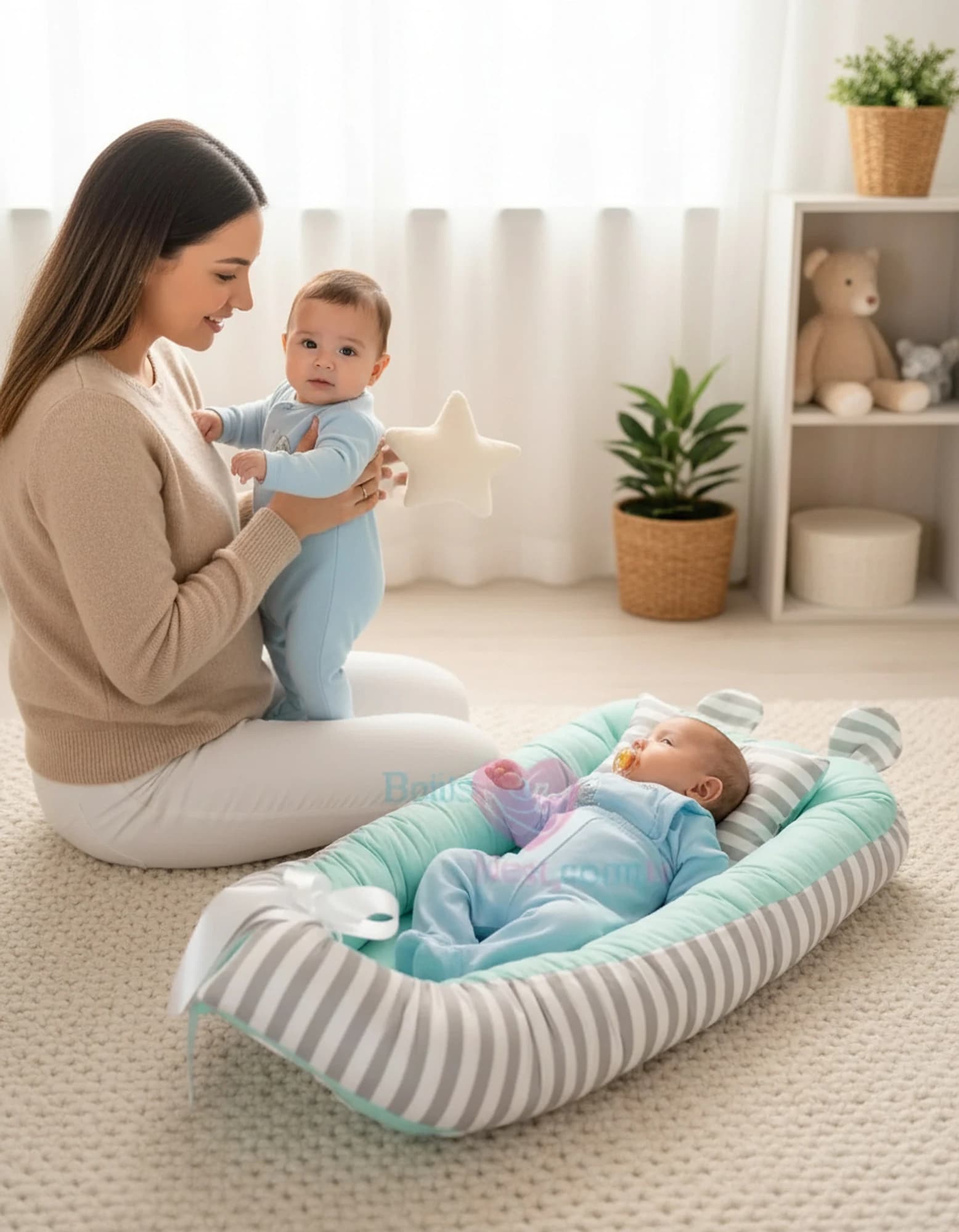Yatak Ve Ortopedik Yastik Mint Ve Gri Cizgili BabyNest görsel 7