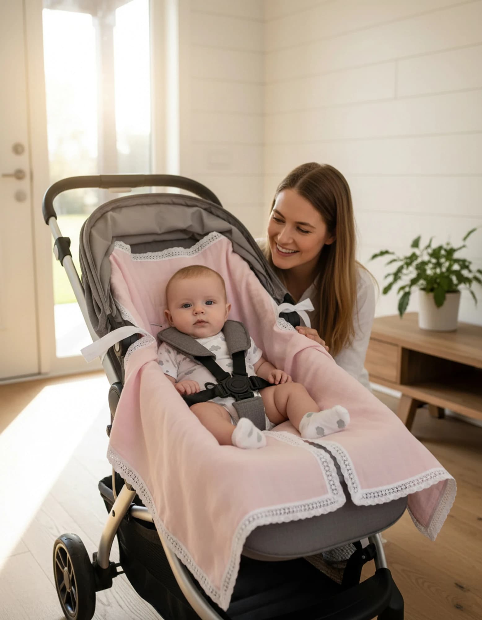 Puset Ortusu/Bebek Arabasi Ortusu %100 Pamuk Muslin Pembe BabyNest görsel 10