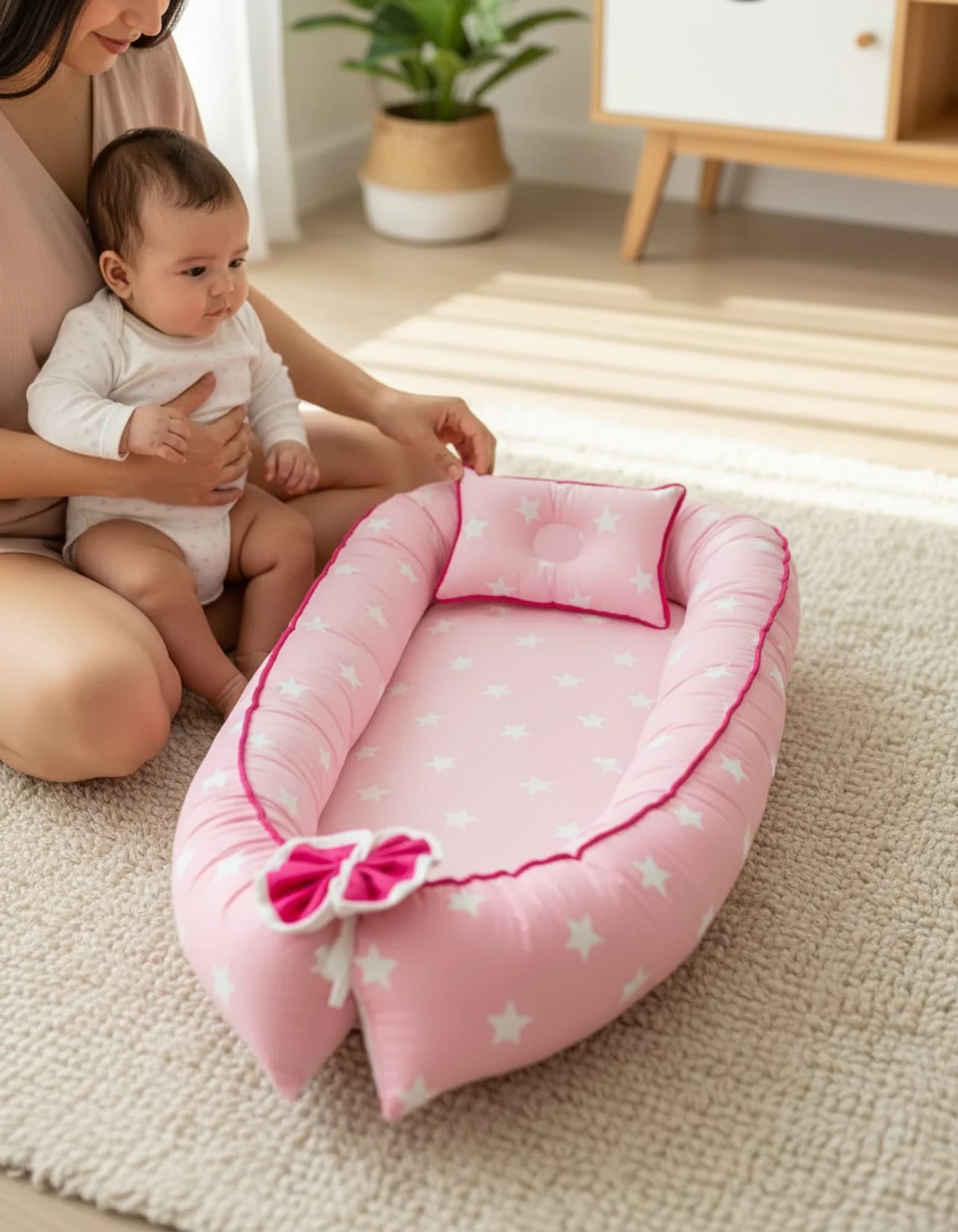 Yatak ve Ortopedik Yastik Pembe Yildiz Fitilli BabyNest görsel 4