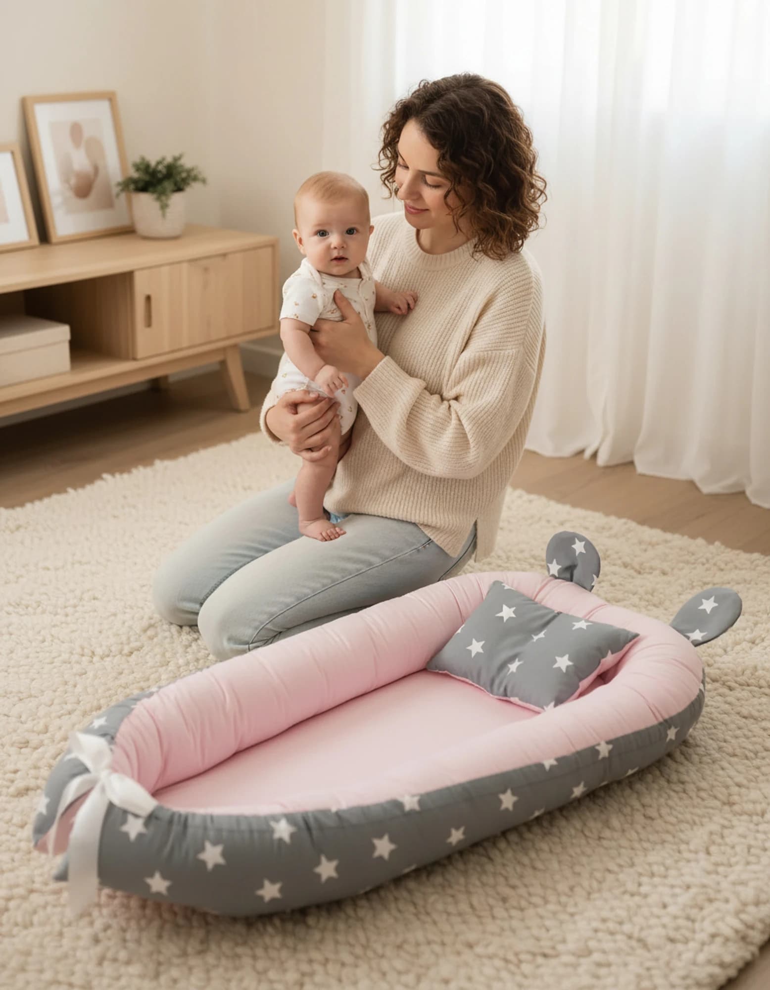 Yatak Ve Ortopedik Yastik Gri Yildiz Ve Pembe