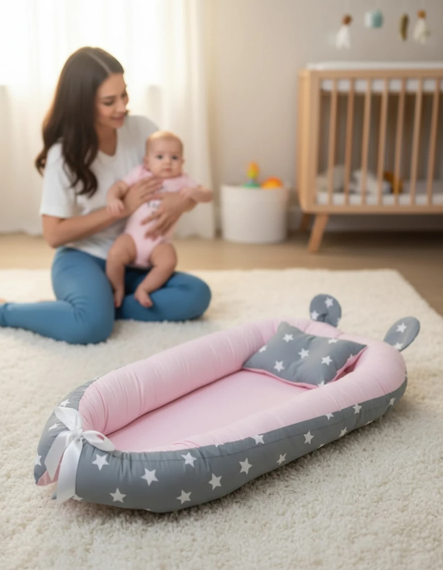 Yatak Ve Ortopedik Yastik Gri Yildiz Ve Pembe