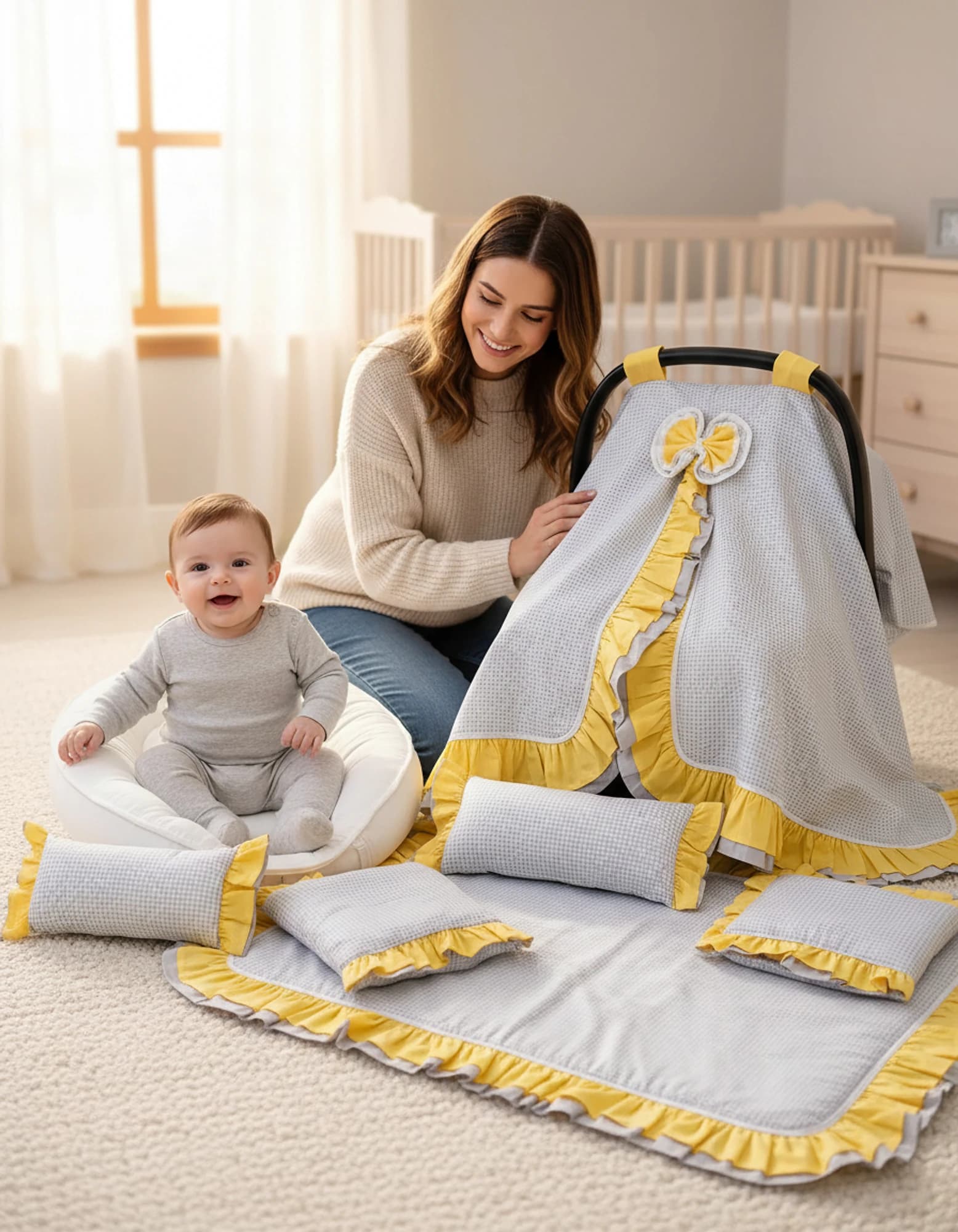 Tek Puset Ortusu %100 Pamuk Cift Kat Firfirli Gri Ekose Ve Sari BabyNest görsel 3