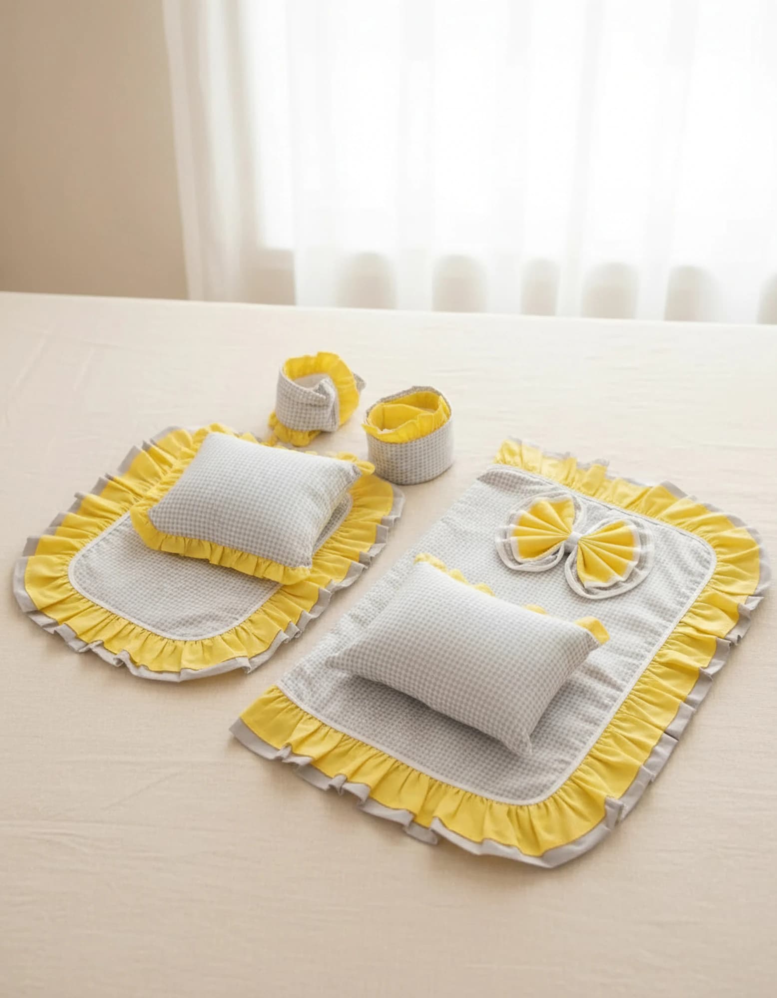 Tek Puset Ortusu %100 Pamuk Cift Kat Firfirli Gri Ekose Ve Sari BabyNest görsel 5