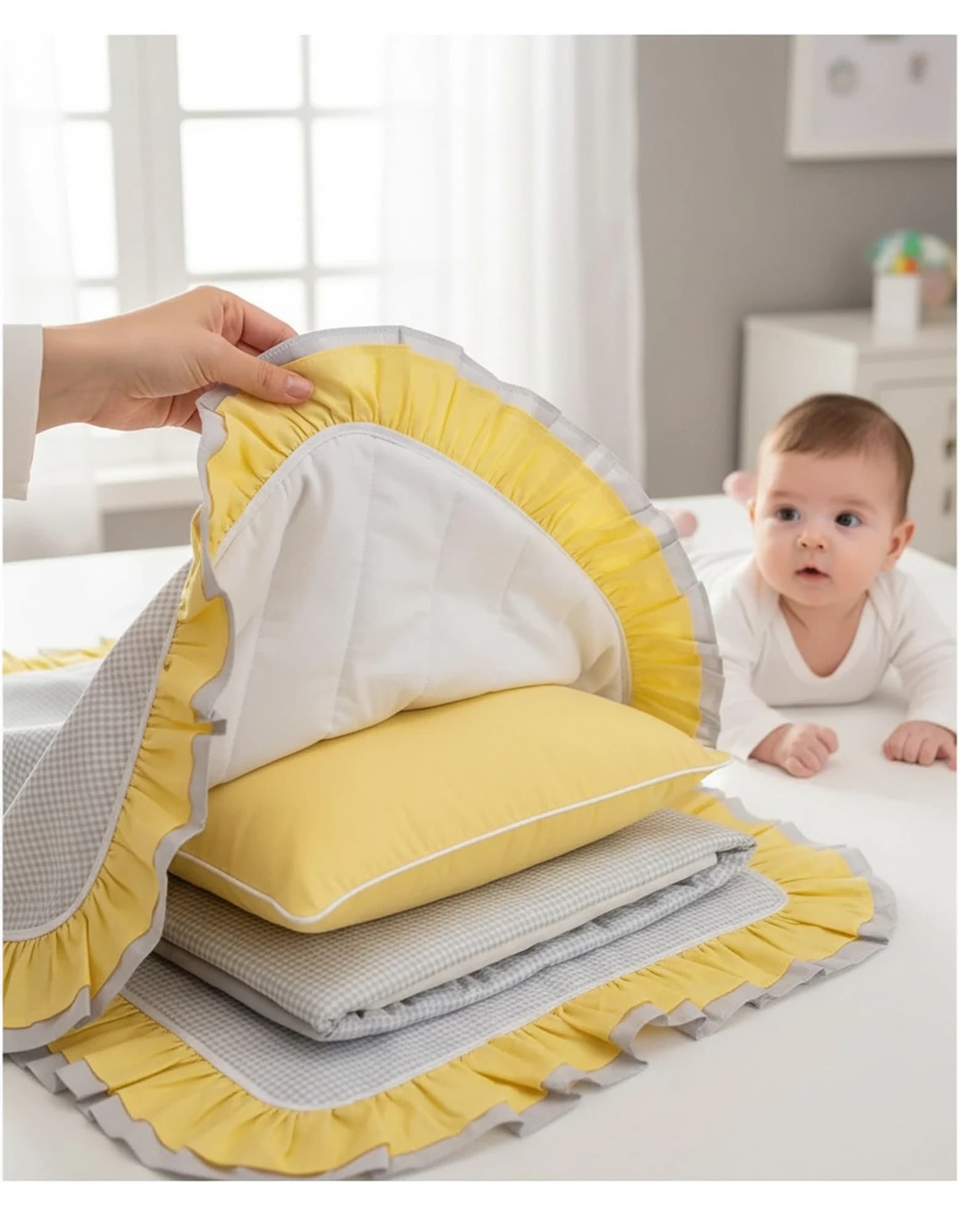 Tek Puset Ortusu %100 Pamuk Cift Kat Firfirli Gri Ekose Ve Sari BabyNest görsel 6