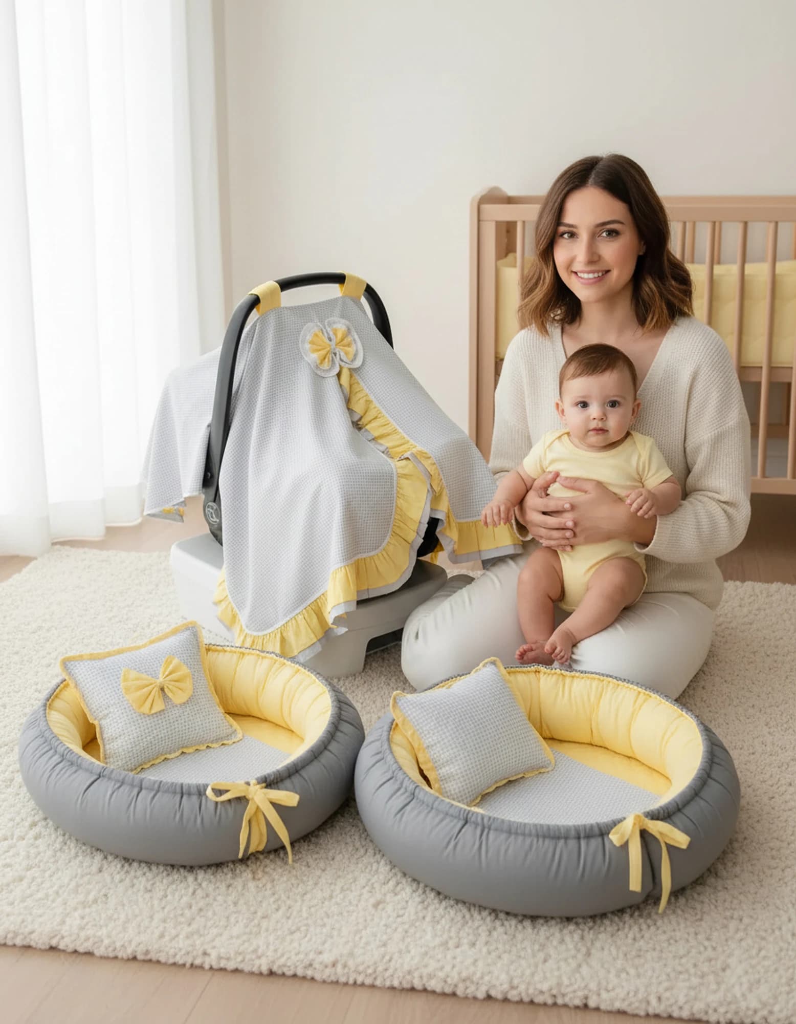 Tek Puset Ortusu %100 Pamuk Cift Kat Firfirli Gri Ekose Ve Sari BabyNest görsel 8