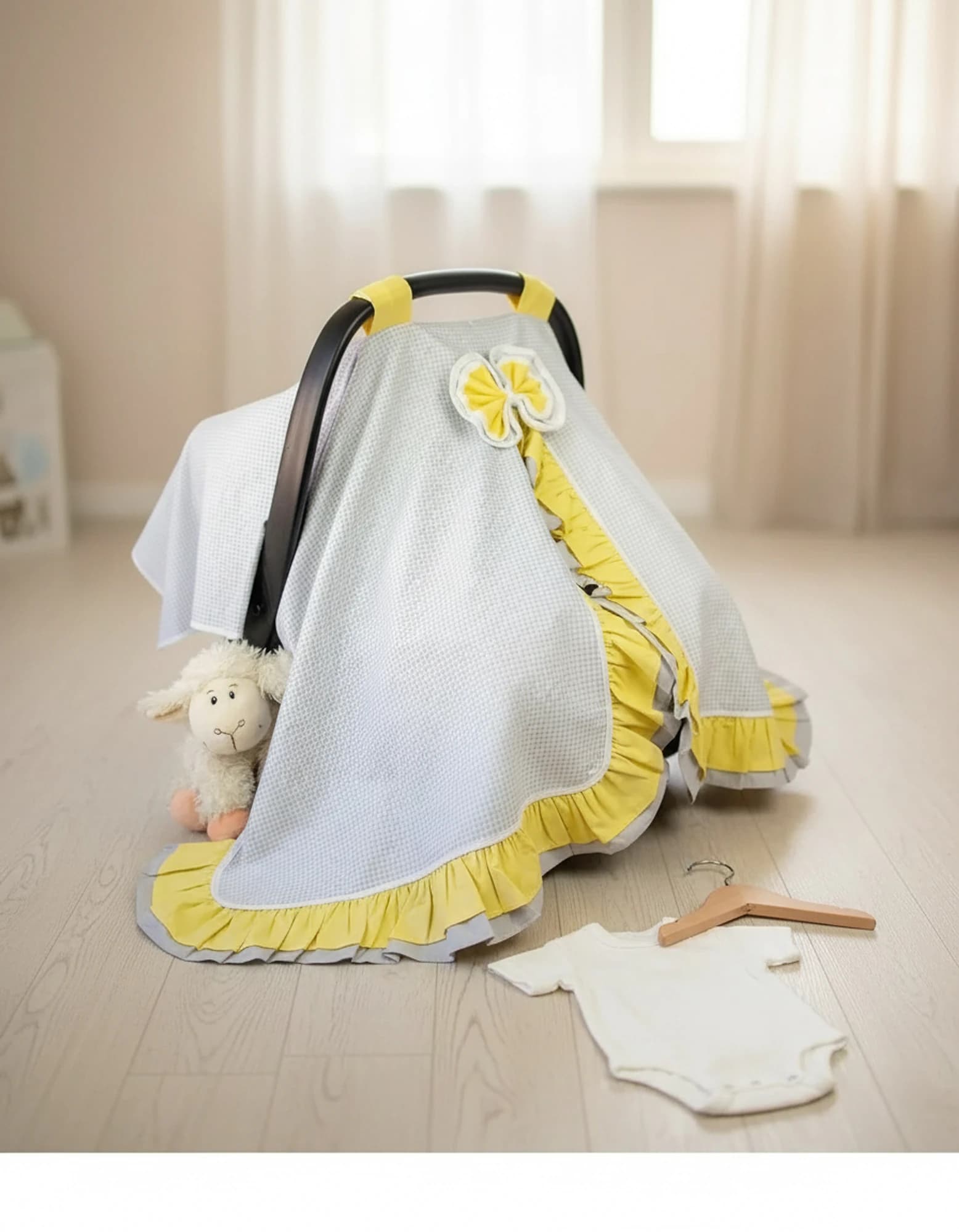 Tek Puset Ortusu %100 Pamuk Cift Kat Firfirli Gri Ekose Ve Sari BabyNest görsel 9